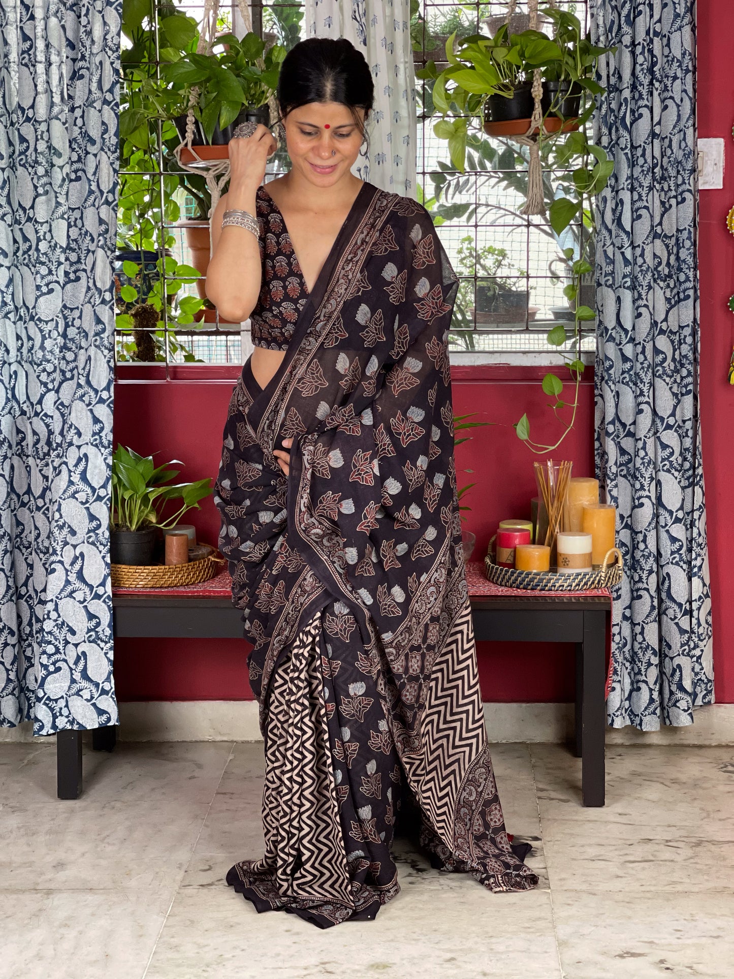 Handblock Printed Natural Dyed Ajrakh Mull Cotton Saree