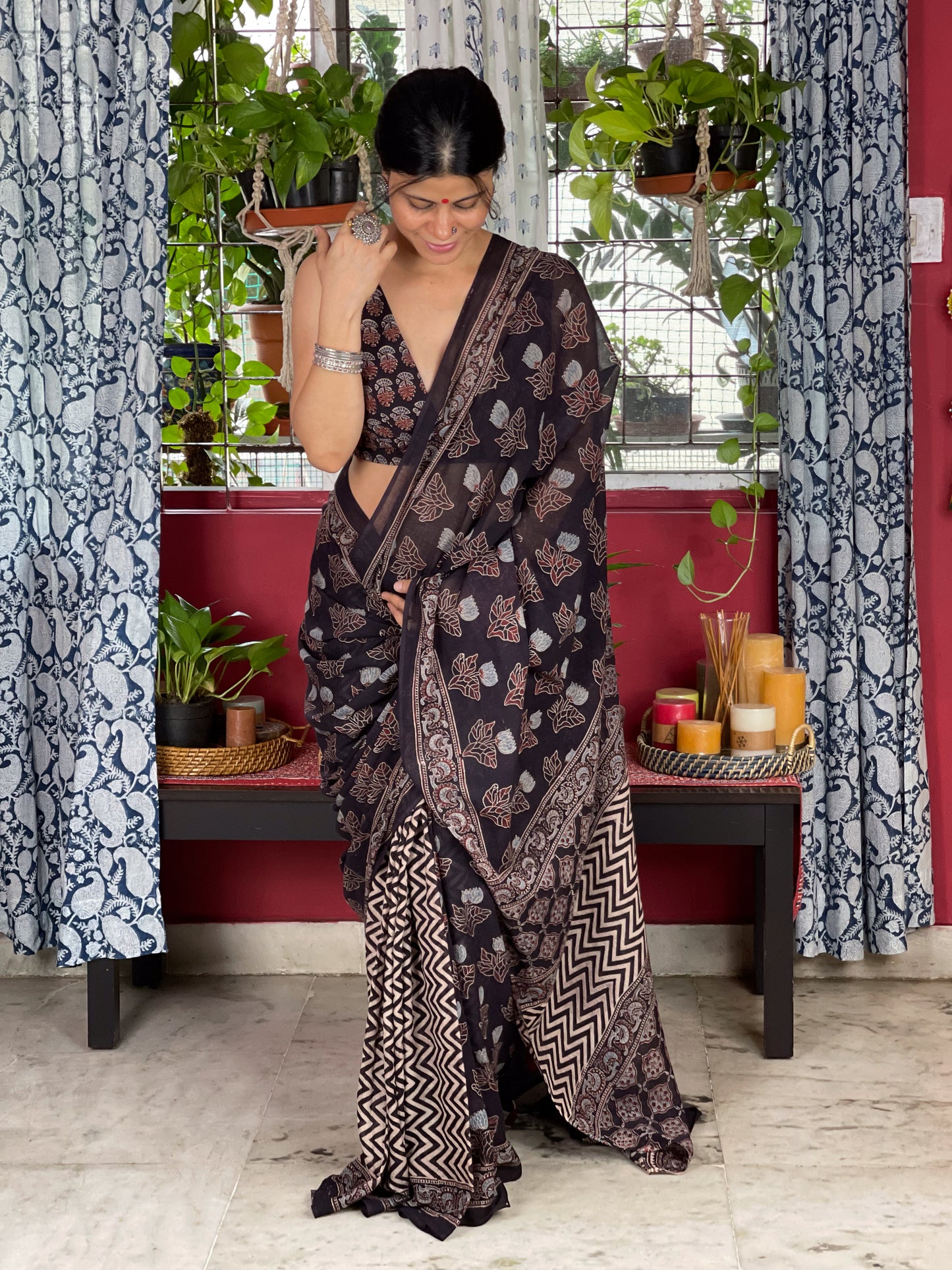 Handblock Printed Natural Dyed Ajrakh Mull Cotton Saree