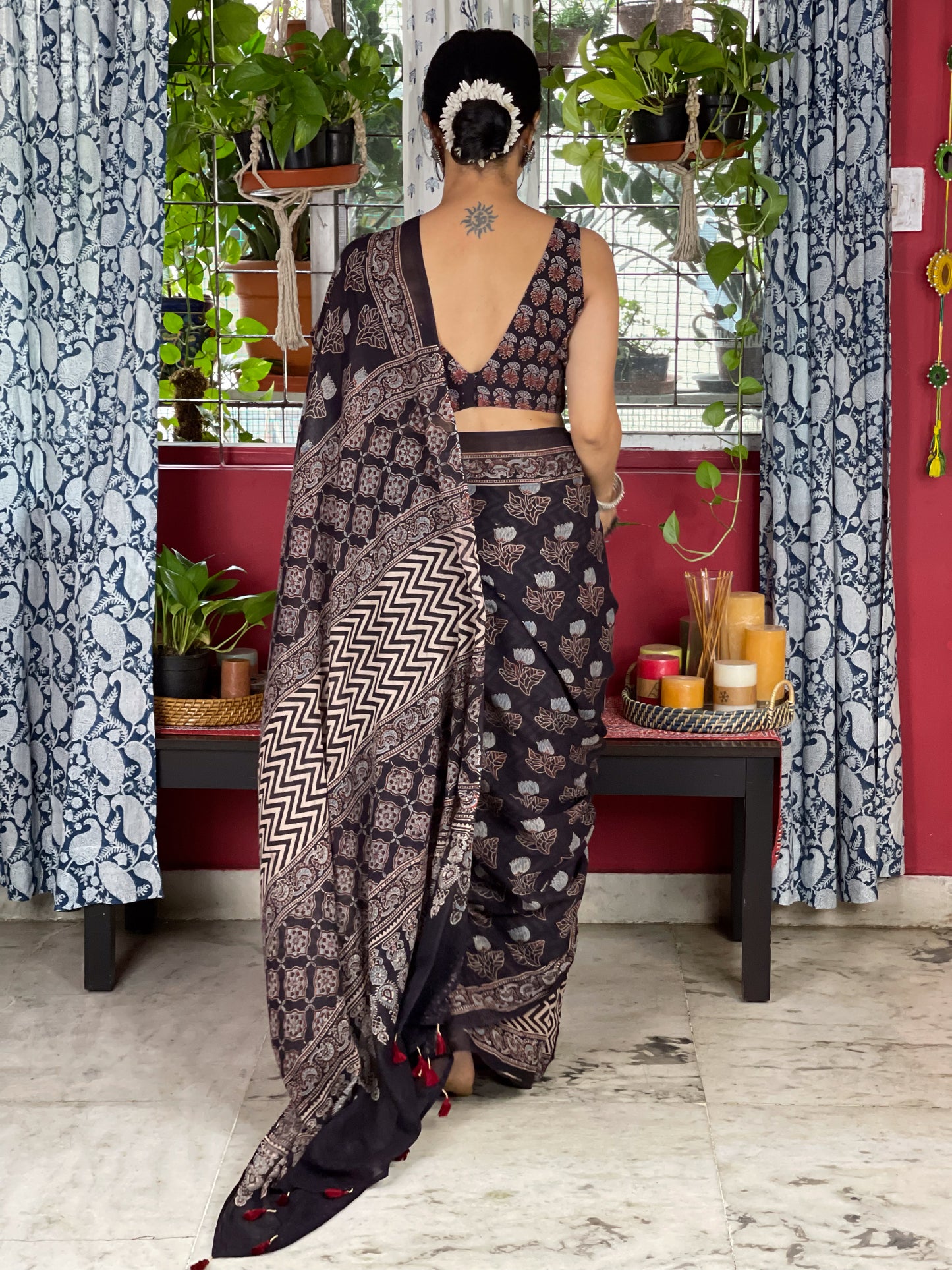 Handblock Printed Natural Dyed Ajrakh Mull Cotton Saree