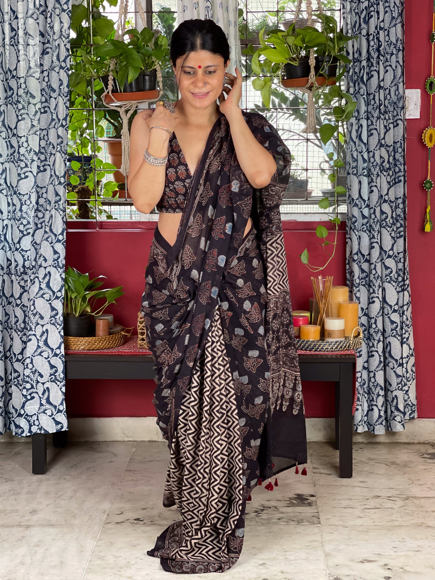 Handblock Printed Natural Dyed Ajrakh Mull Cotton Saree