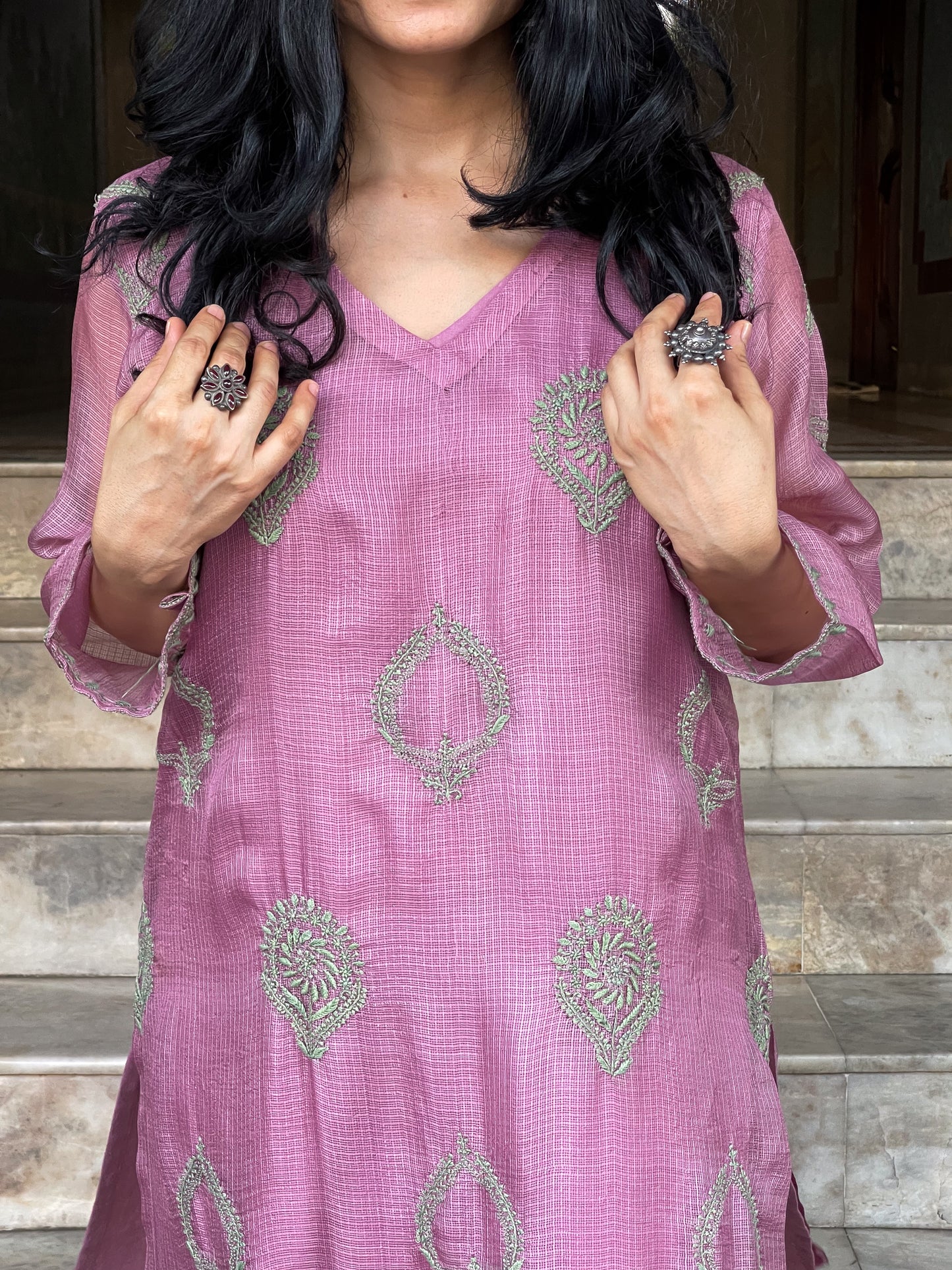 Handembroidered Chikankari Kotasilk Kurta With Lining
