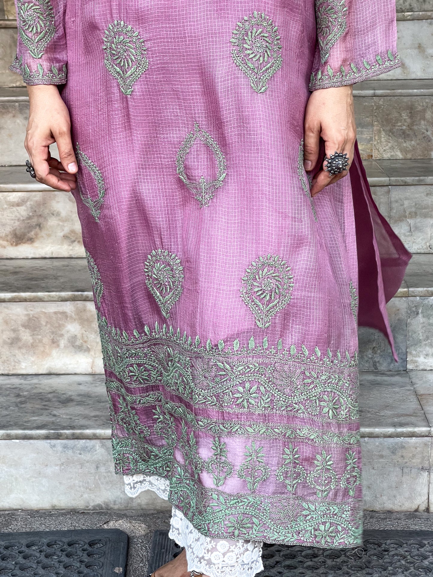 Handembroidered Chikankari Kotasilk Kurta With Lining