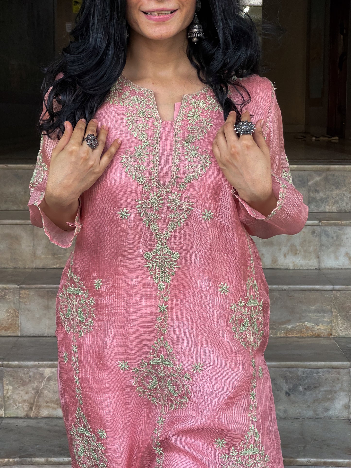 Handembroidered Chikankari Kotasilk Kurta With Lining