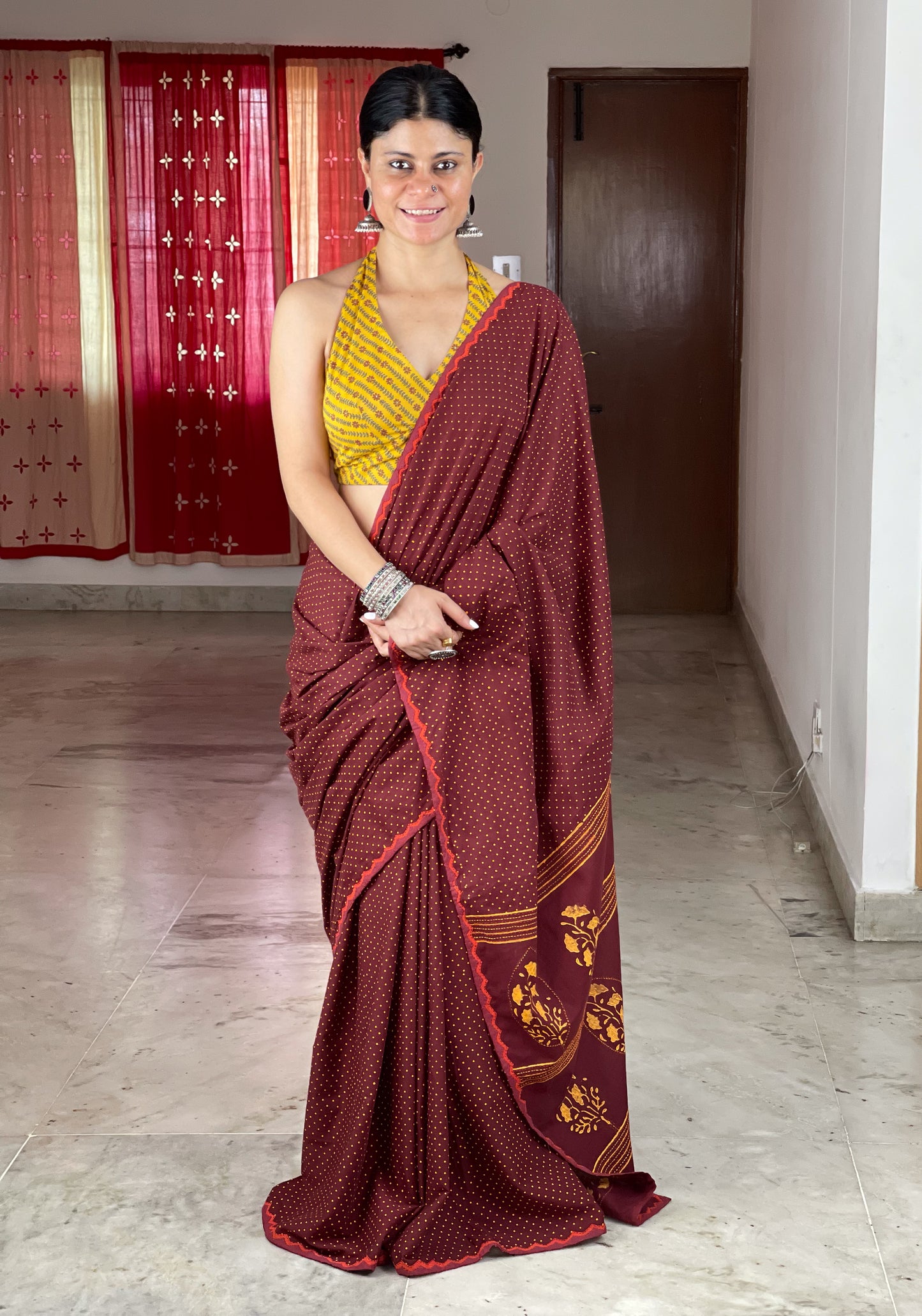 Handloom Cotton Sarees in handblock printed with hand embroidered appliue/cut work