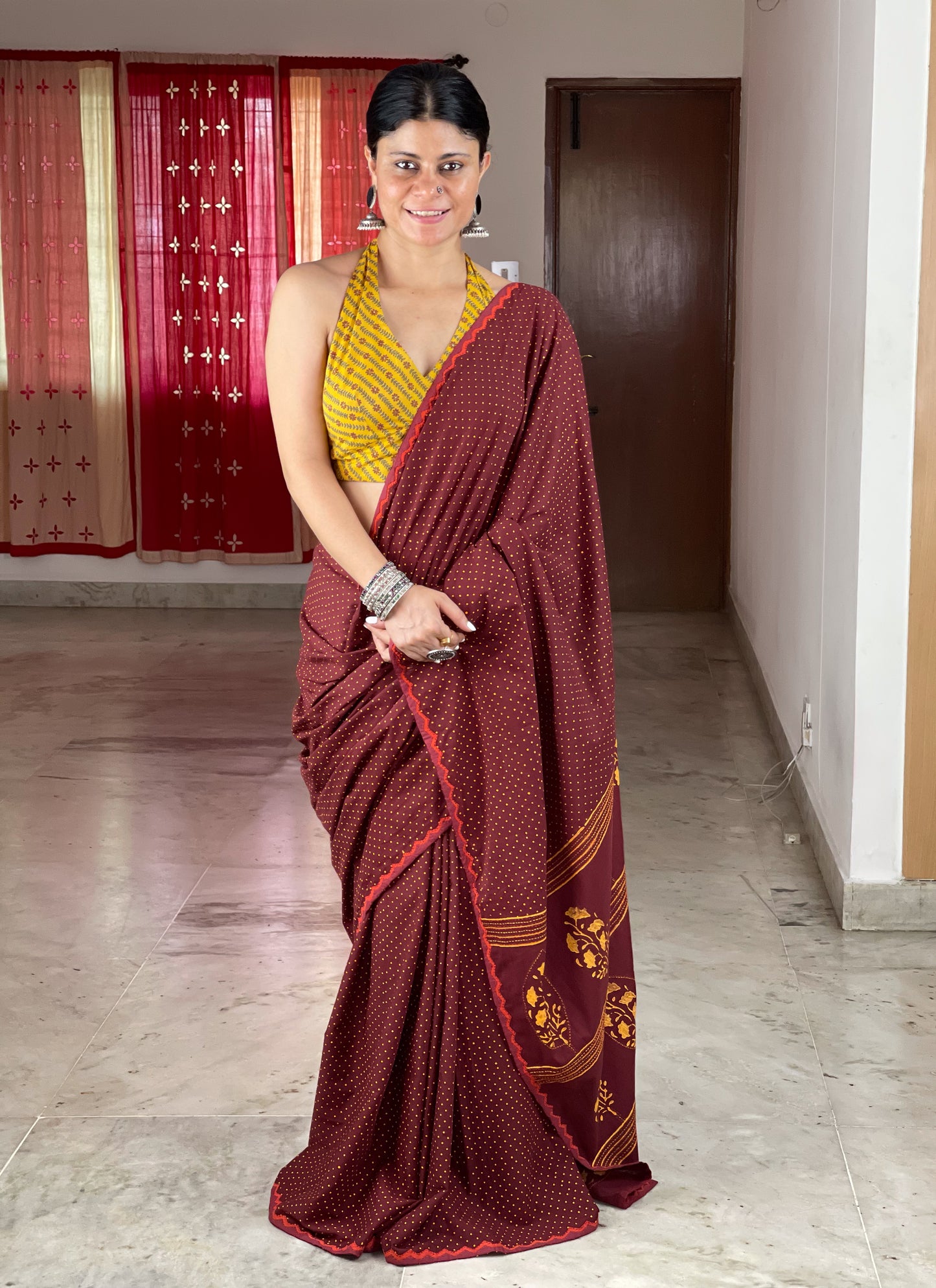 Handloom Cotton Sarees in handblock printed with hand embroidered appliue/cut work