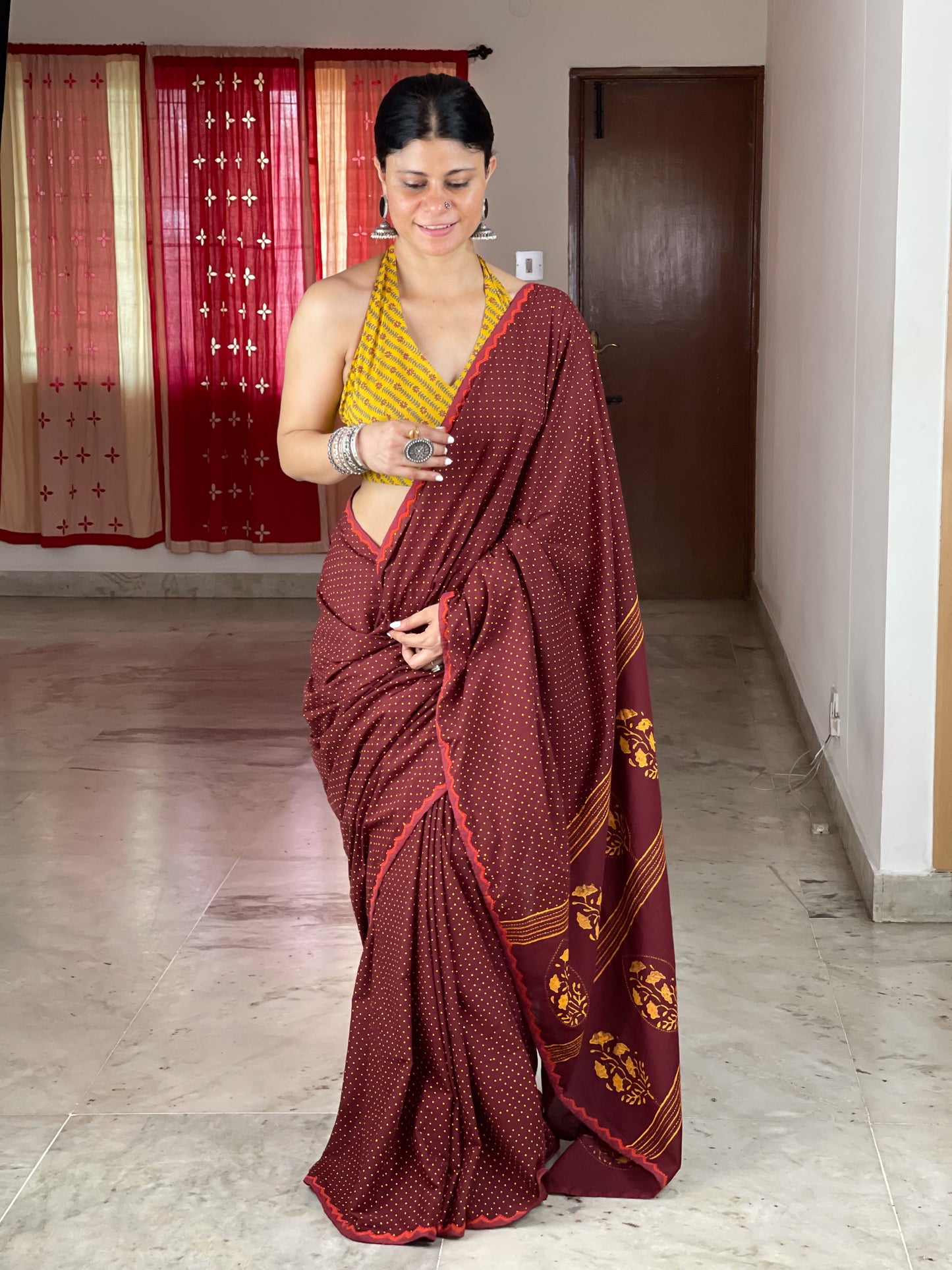Handloom Cotton Sarees in handblock printed with hand embroidered appliue/cut work