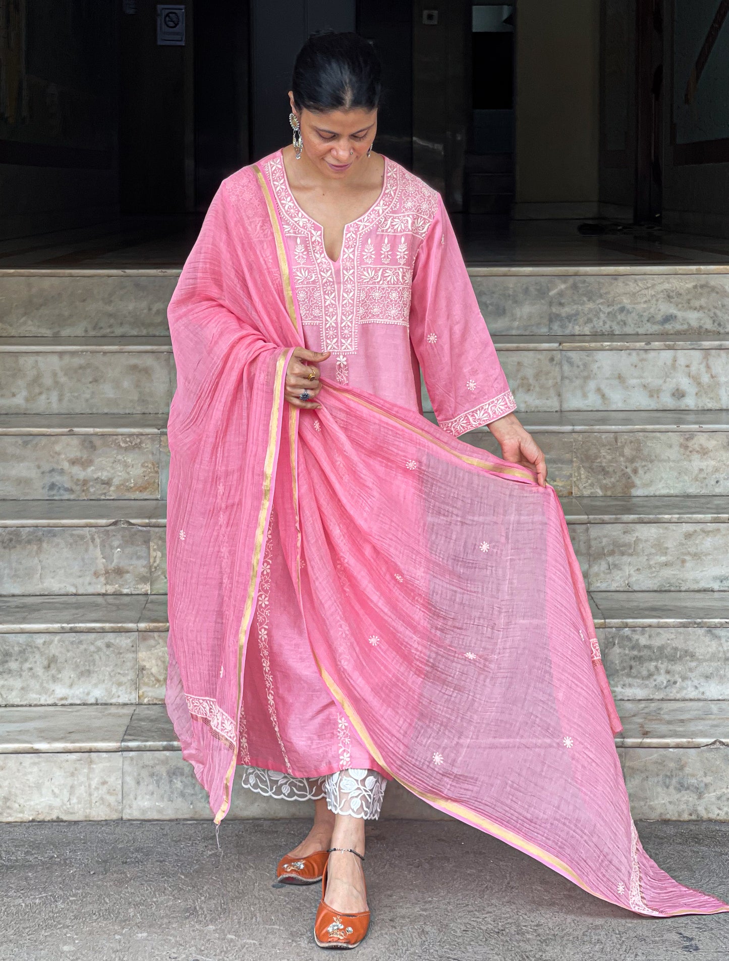 Chanderi Silk Handembroidered Chikankari Dupatta