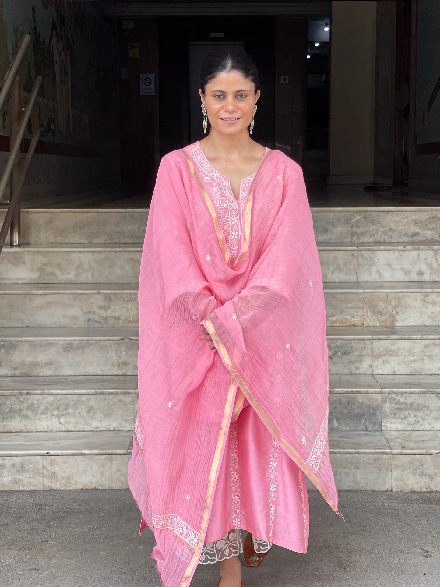 Chanderi Silk Handembroidered Chikankari Dupatta