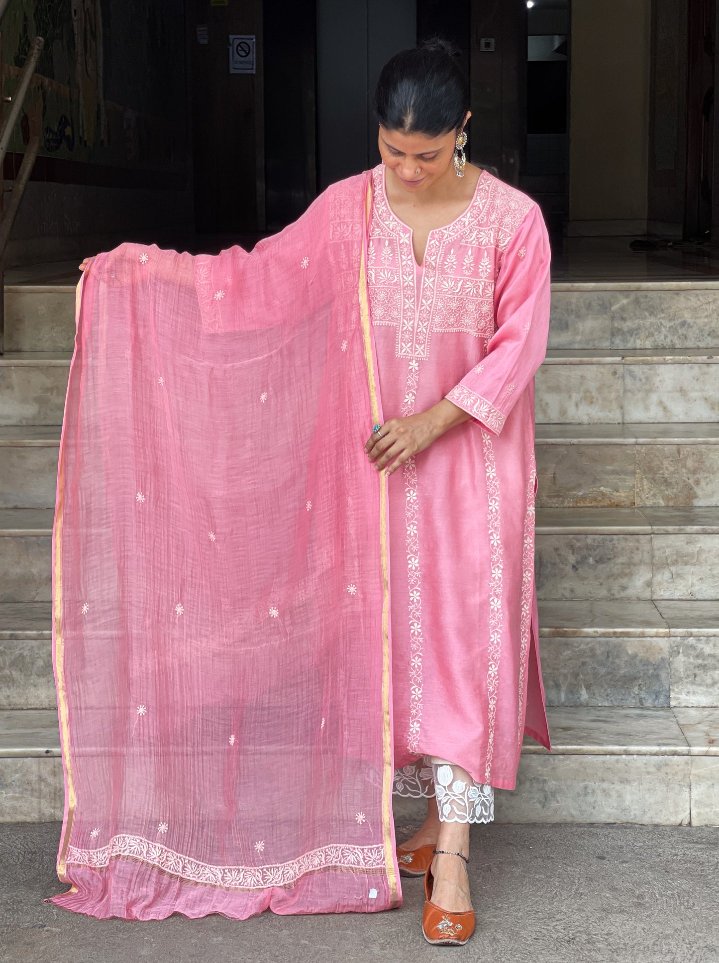 Chanderi Silk Handembroidered Chikankari Dupatta