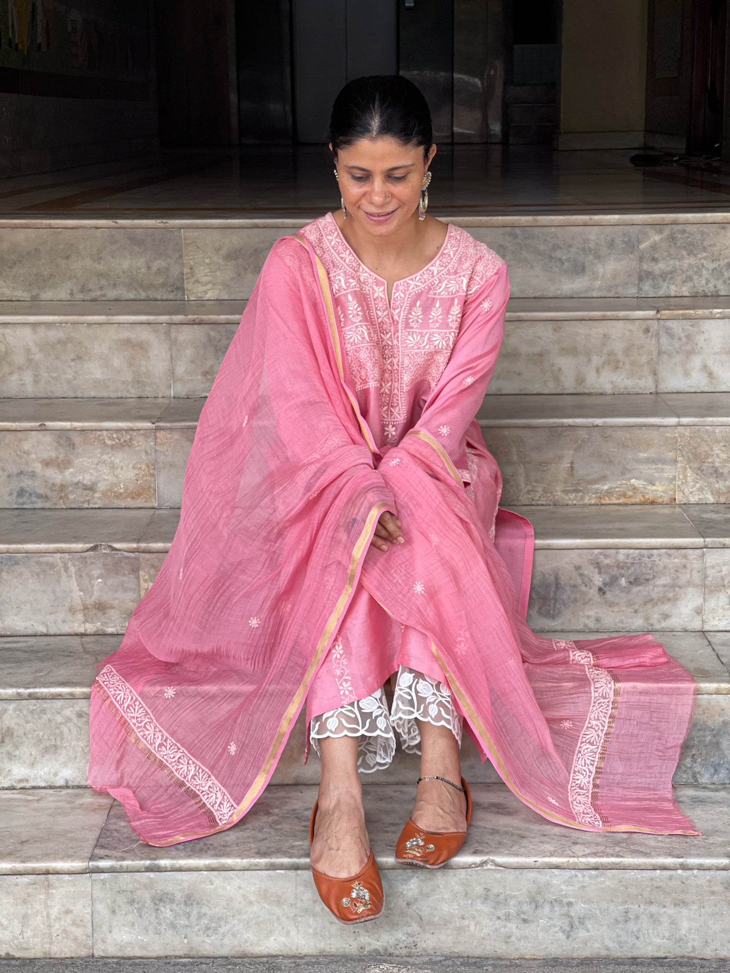 Chanderi Silk Handembroidered Chikankari Dupatta