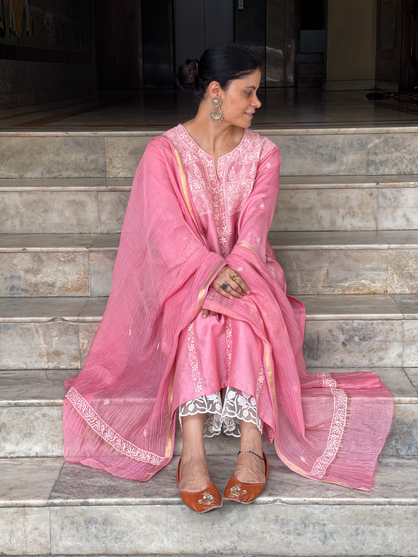 Chanderi Silk Handembroidered Chikankari Dupatta