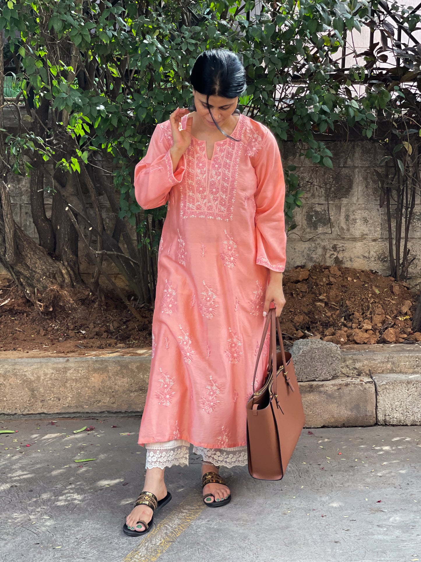 Handembroidered Chikankari Chanderi Silk Kurta With Dupatta