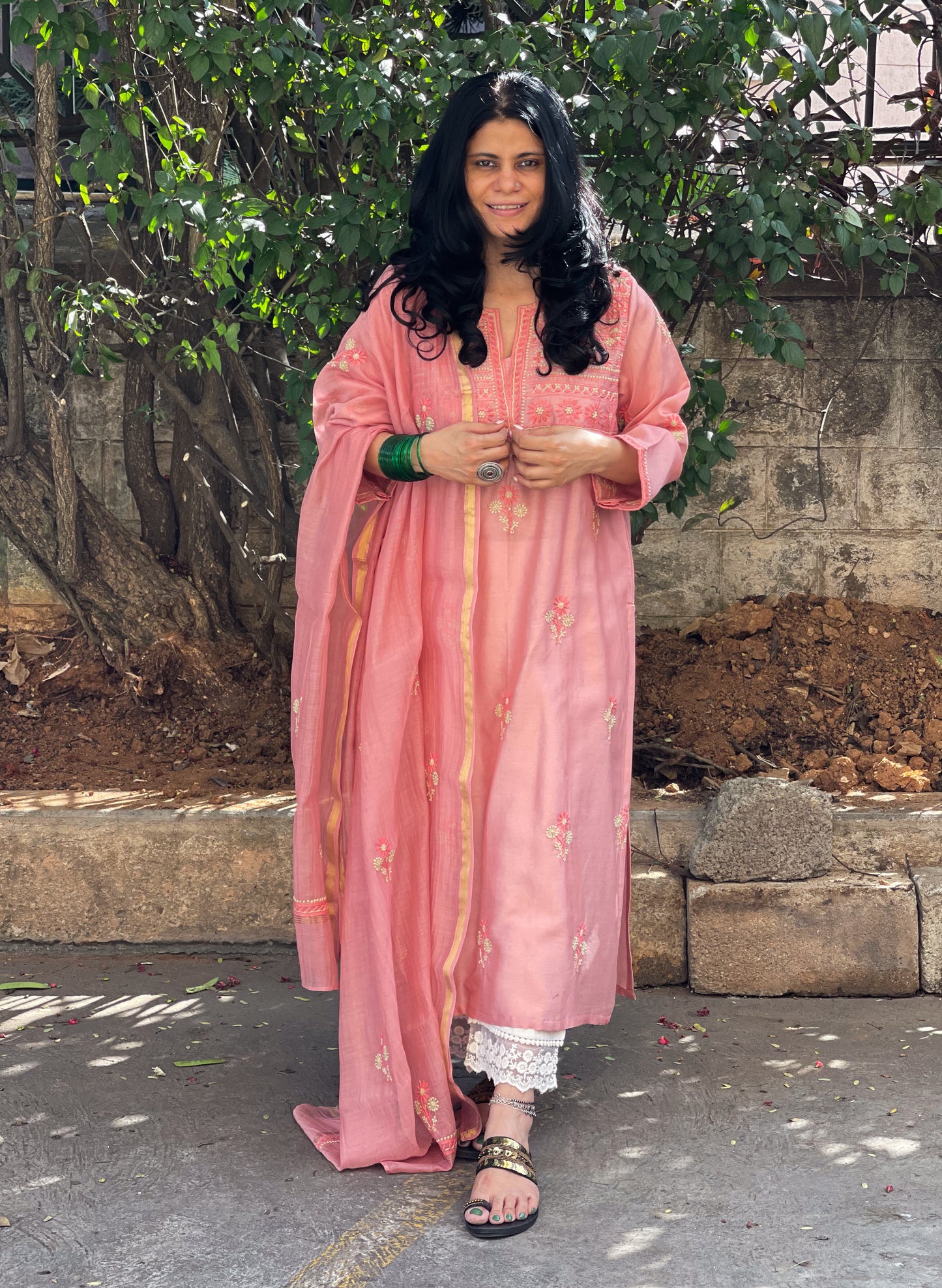 Handembroidered Chikankari Chanderi Silk Kurta With Dupatta