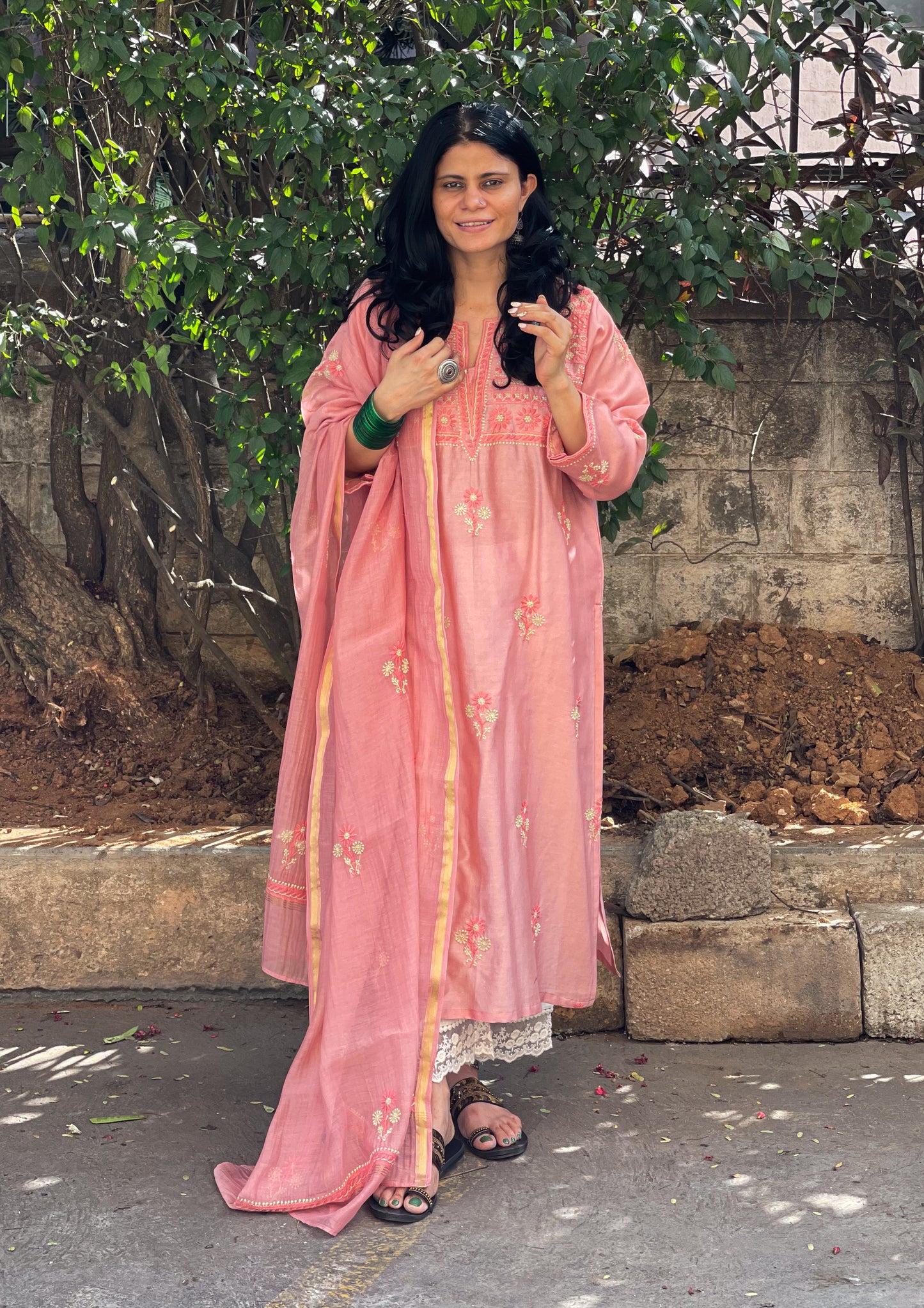 Handembroidered Chikankari Chanderi Silk Kurta With Dupatta