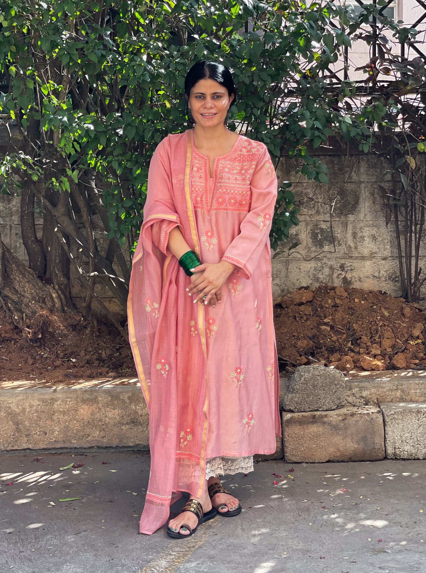 Handembroidered Chikankari Chanderi Silk Kurta With Dupatta