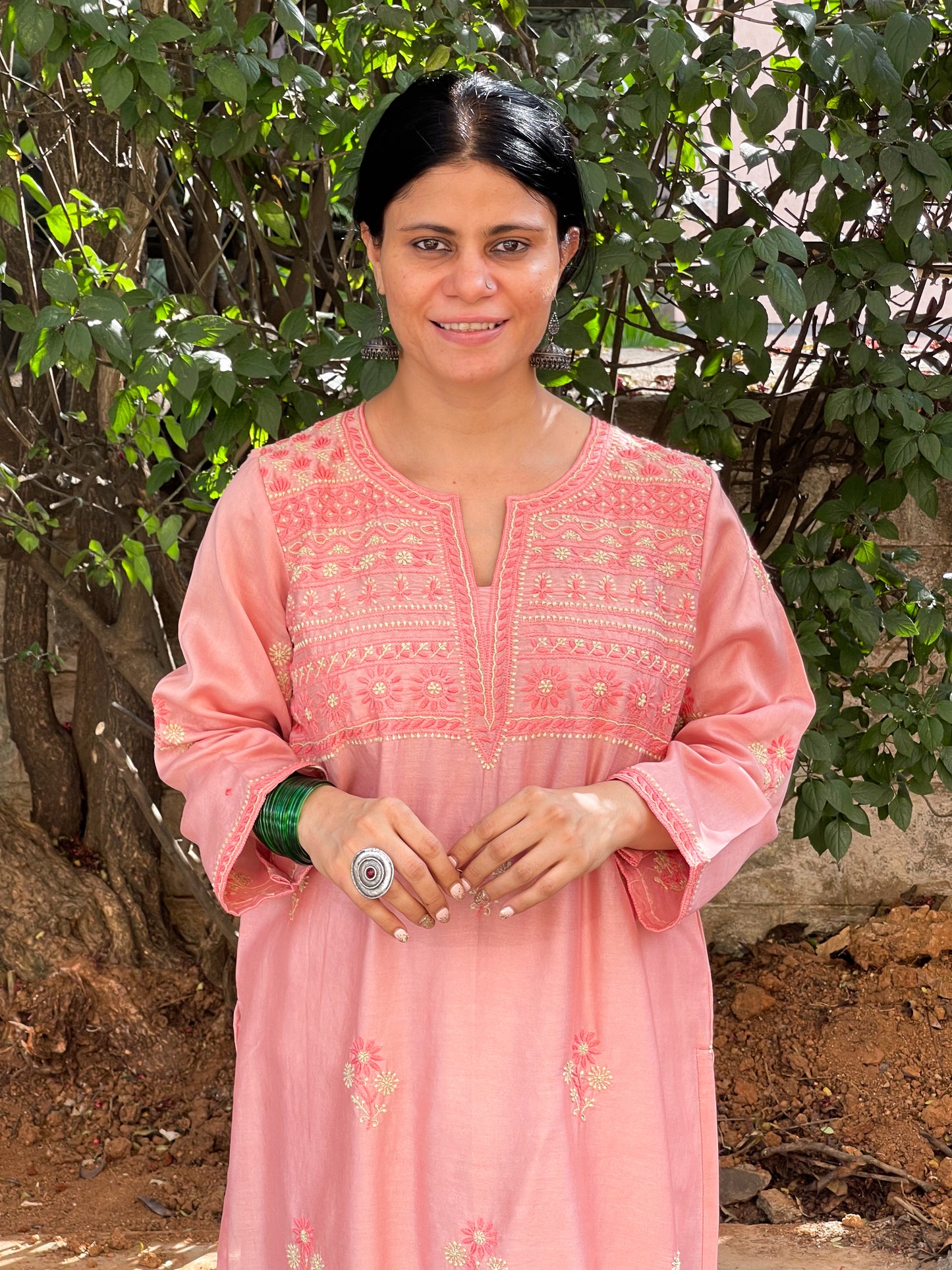 Handembroidered Chikankari Chanderi Silk Kurta With Dupatta