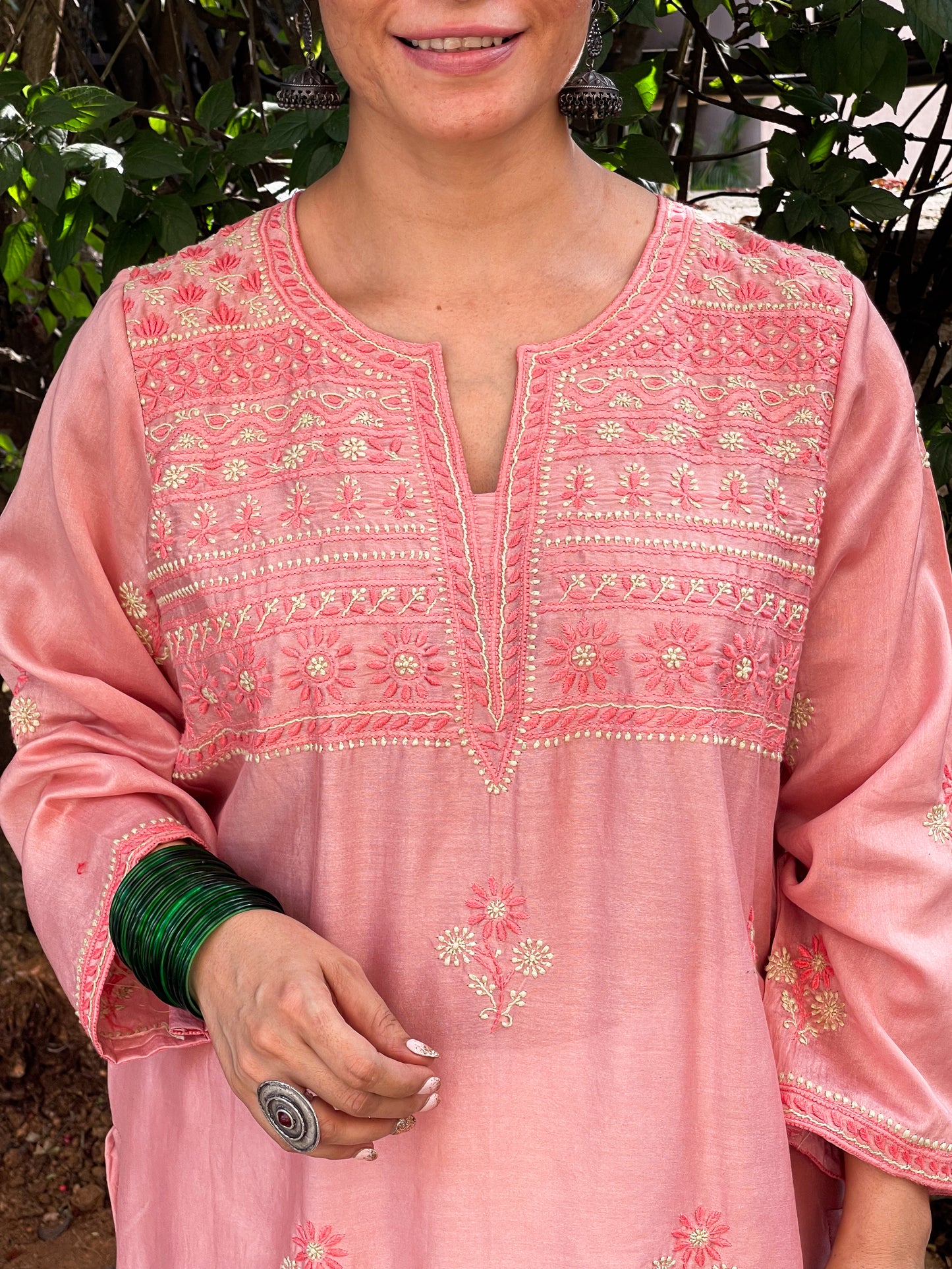 Handembroidered Chikankari Chanderi Silk Kurta With Dupatta