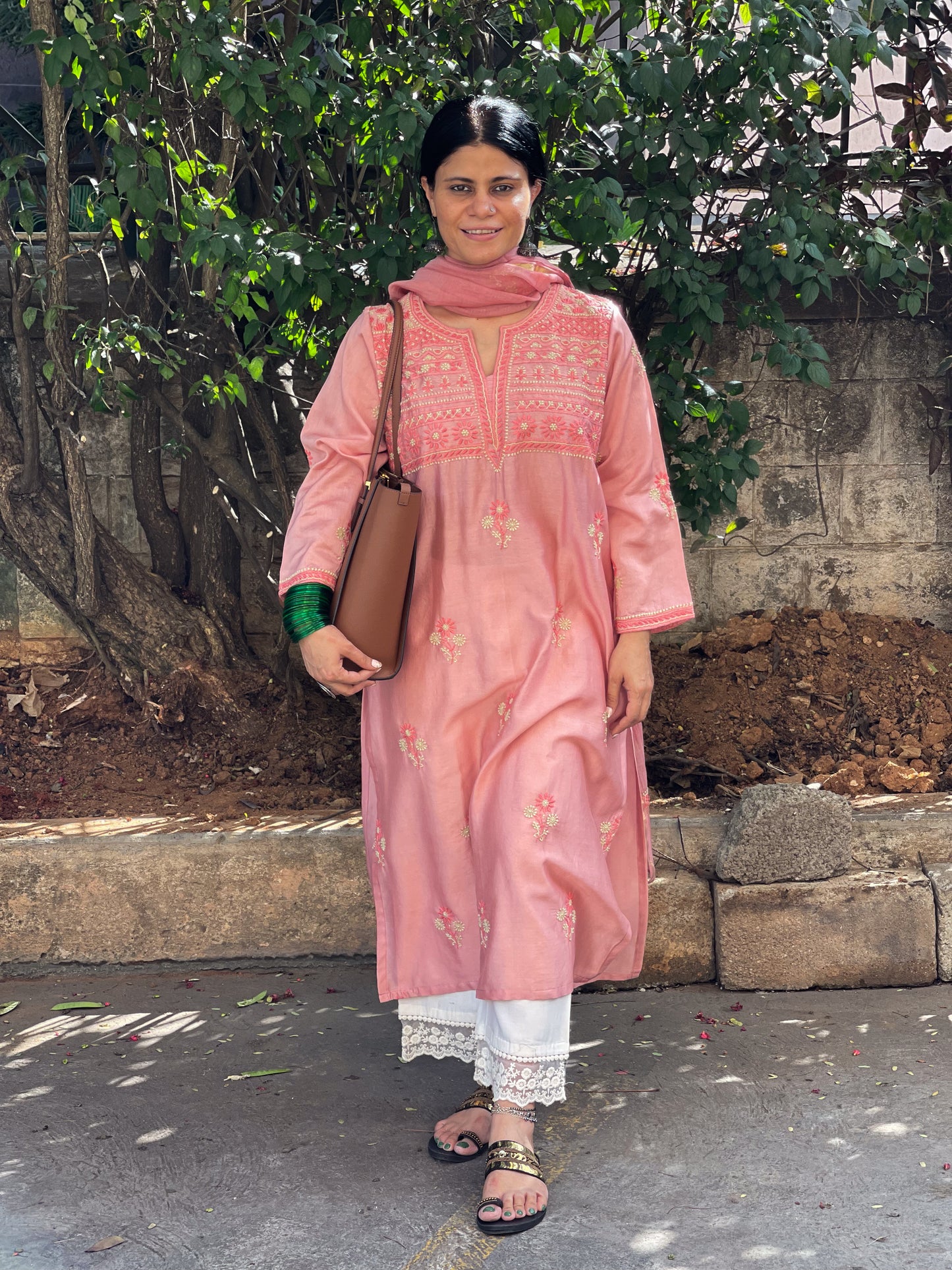 Handembroidered Chikankari Chanderi Silk Kurta With Dupatta