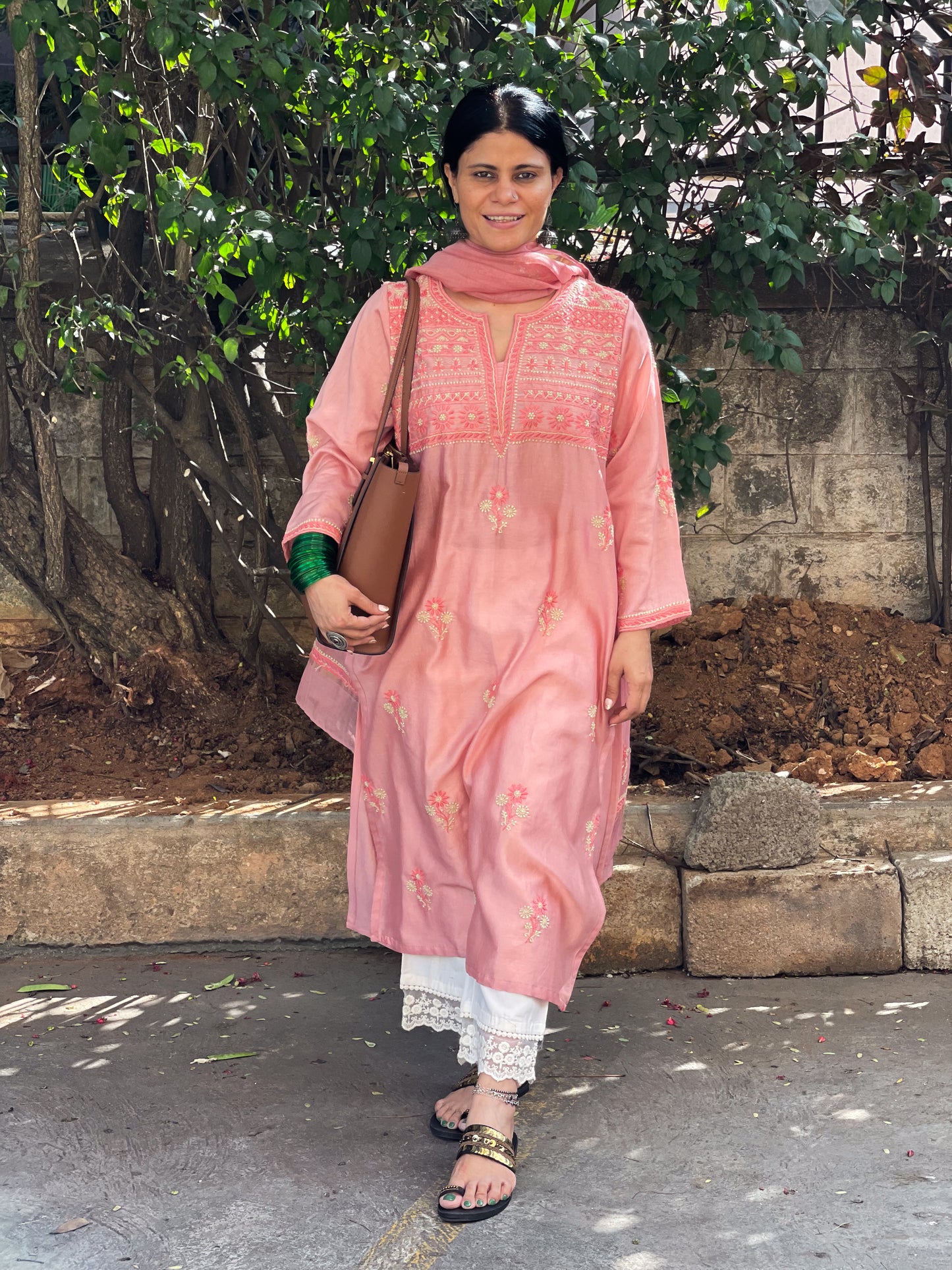 Handembroidered Chikankari Chanderi Silk Kurta With Dupatta