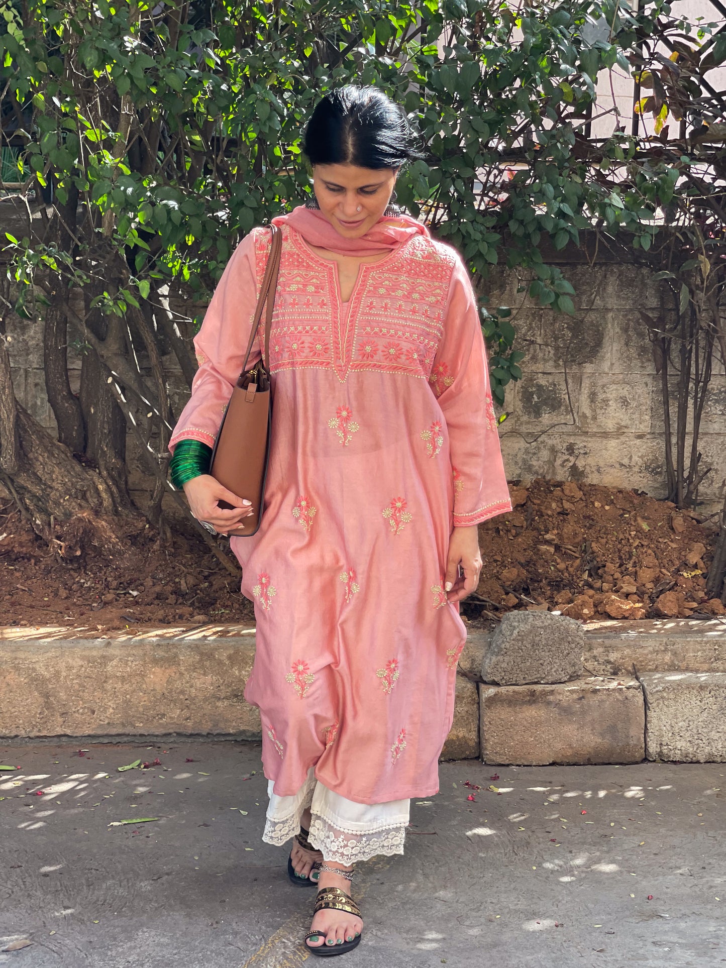 Handembroidered Chikankari Chanderi Silk Kurta With Dupatta