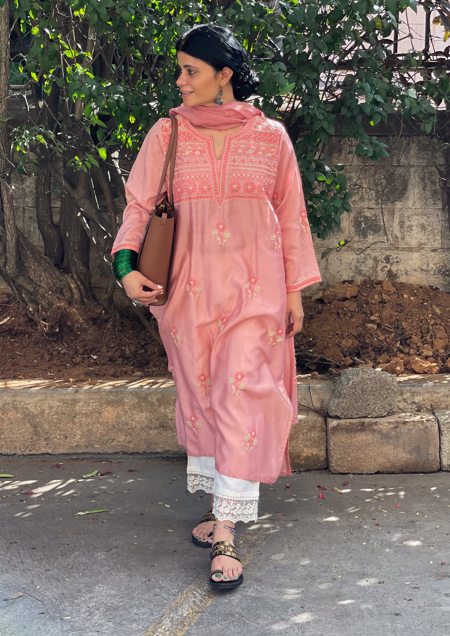 Handembroidered Chikankari Chanderi Silk Kurta With Dupatta
