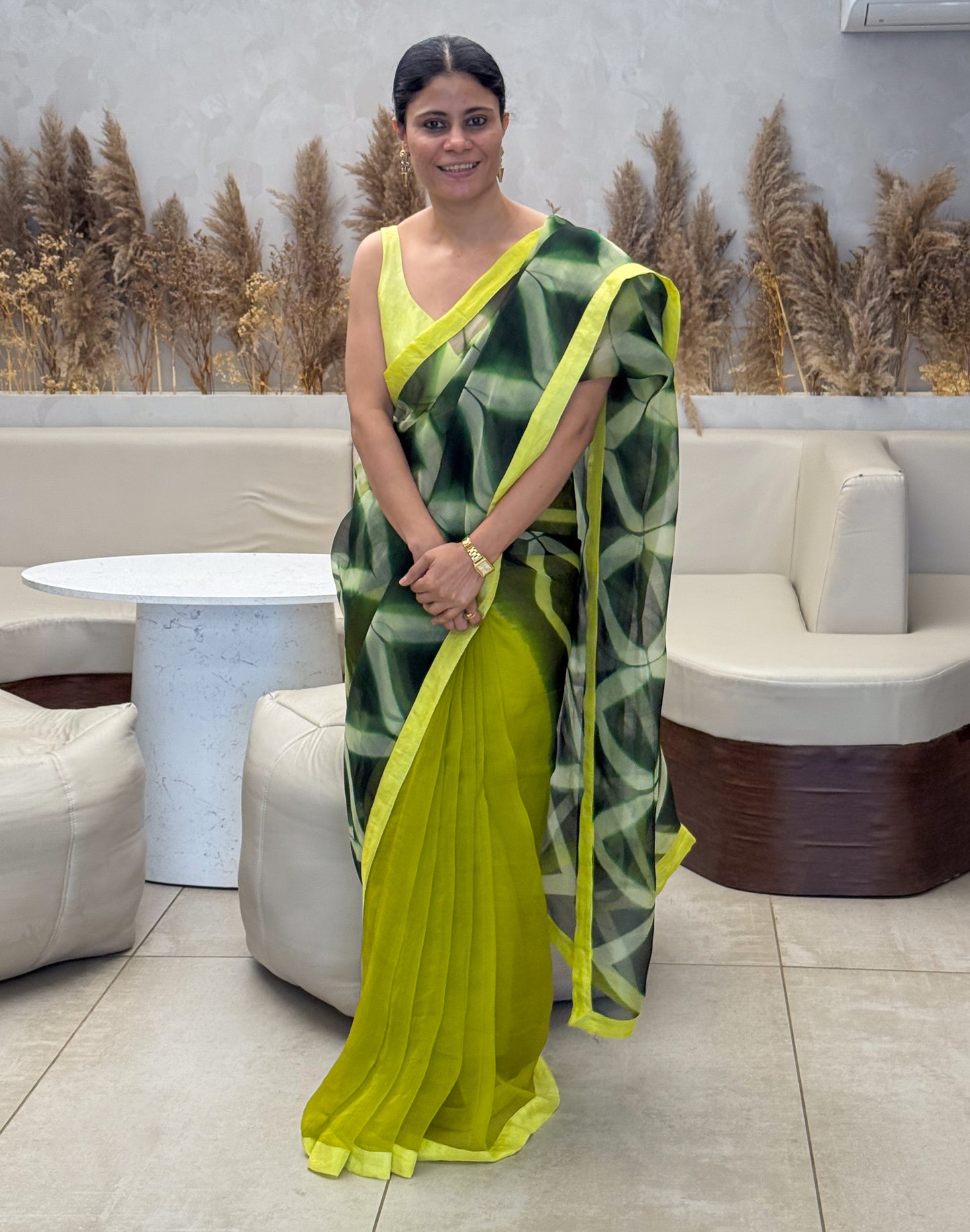 Handloom Organza Silk Saree in Handmade Itajime Shibori With Mulberry Silk Borders