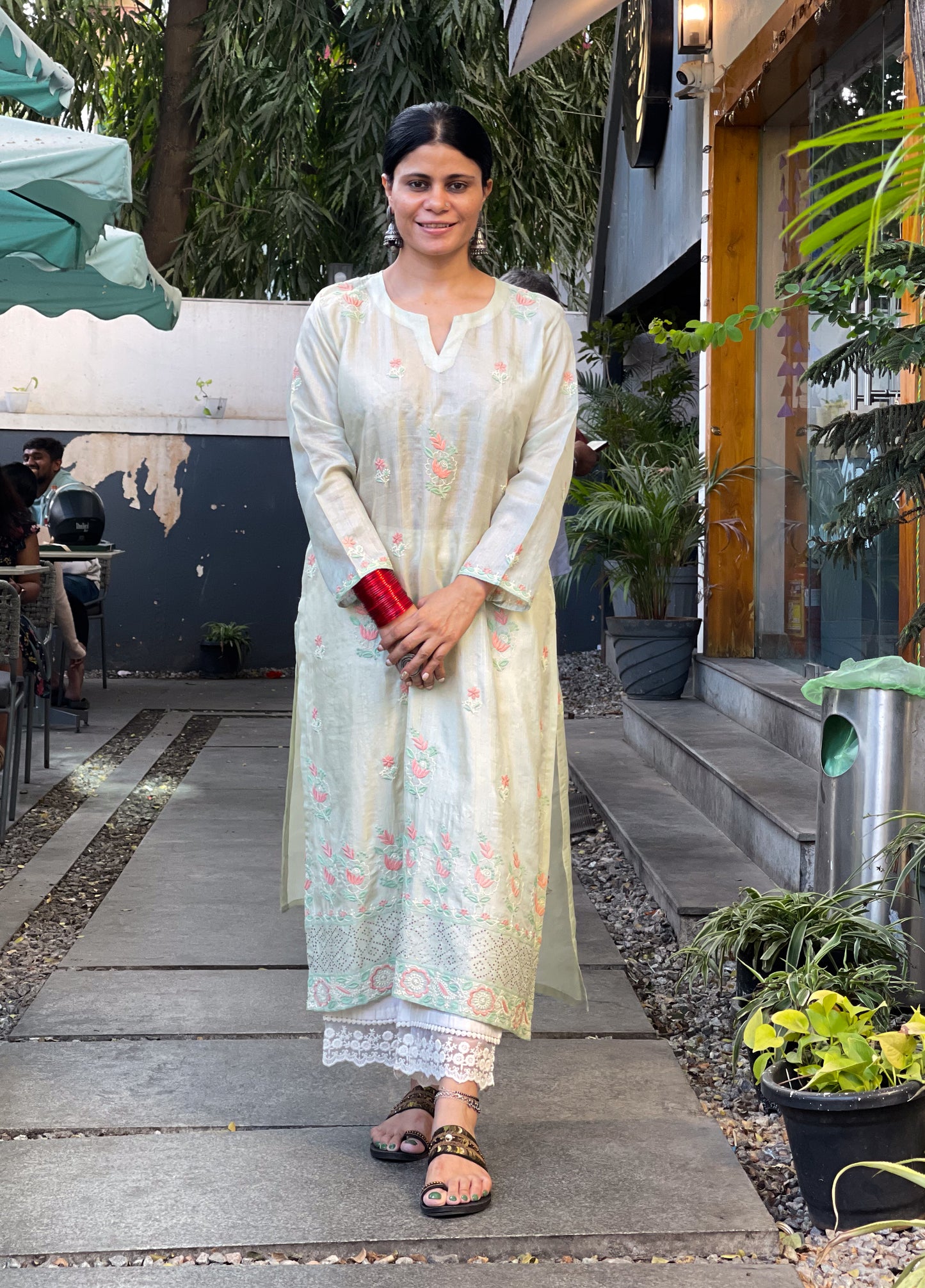 Hand Embroidered Chikankari Tussar silk Kurta With Dupatta