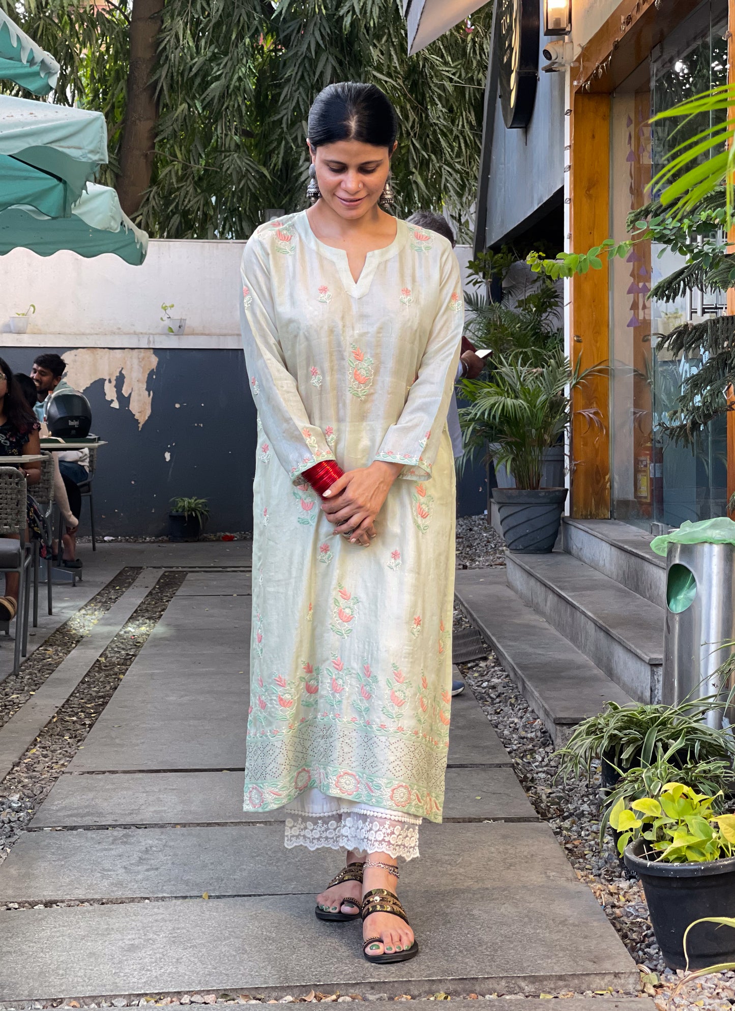 Hand Embroidered Chikankari Tussar silk Kurta With Dupatta