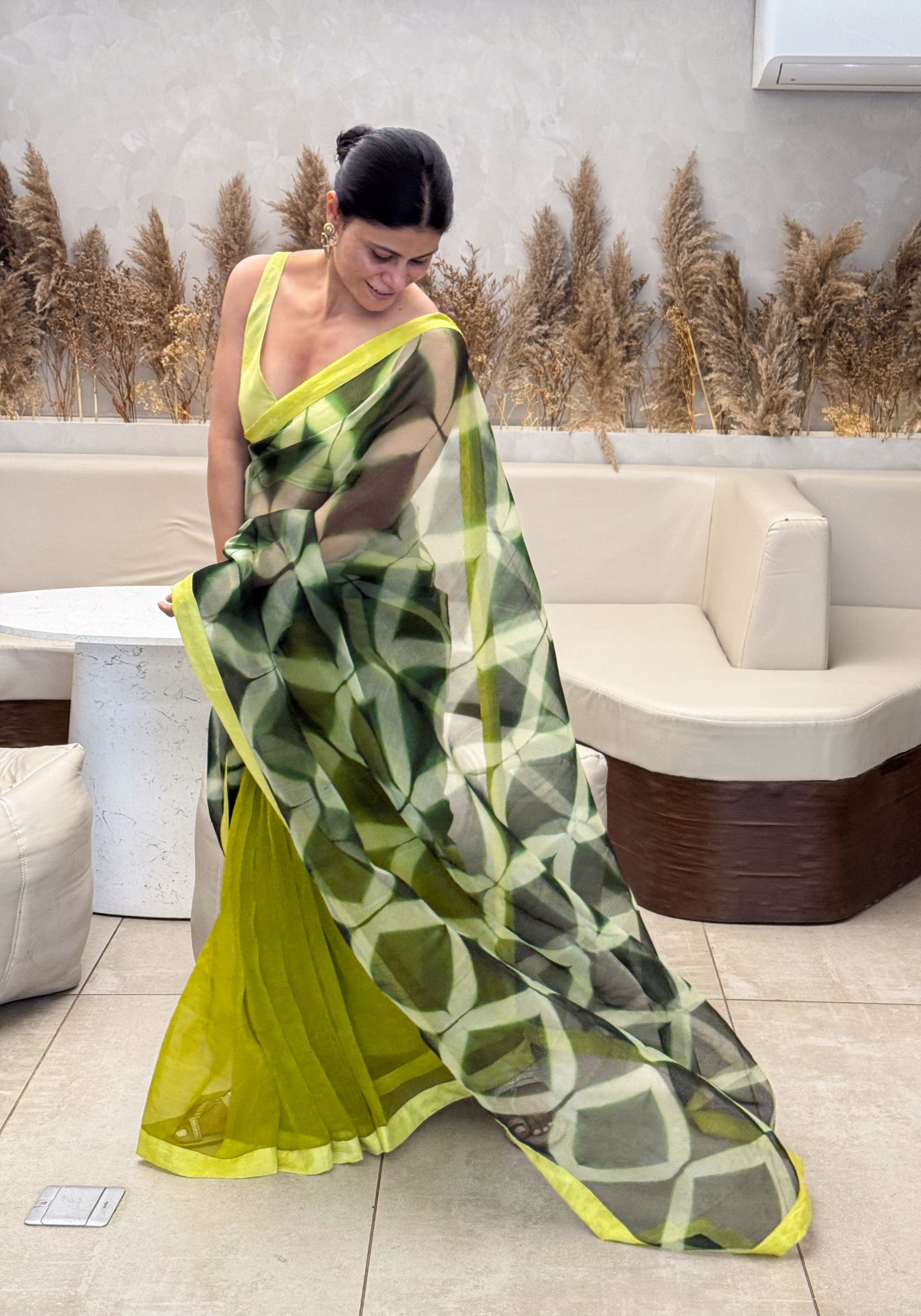 Handloom Organza Silk Saree in Handmade Itajime Shibori With Mulberry Silk Borders
