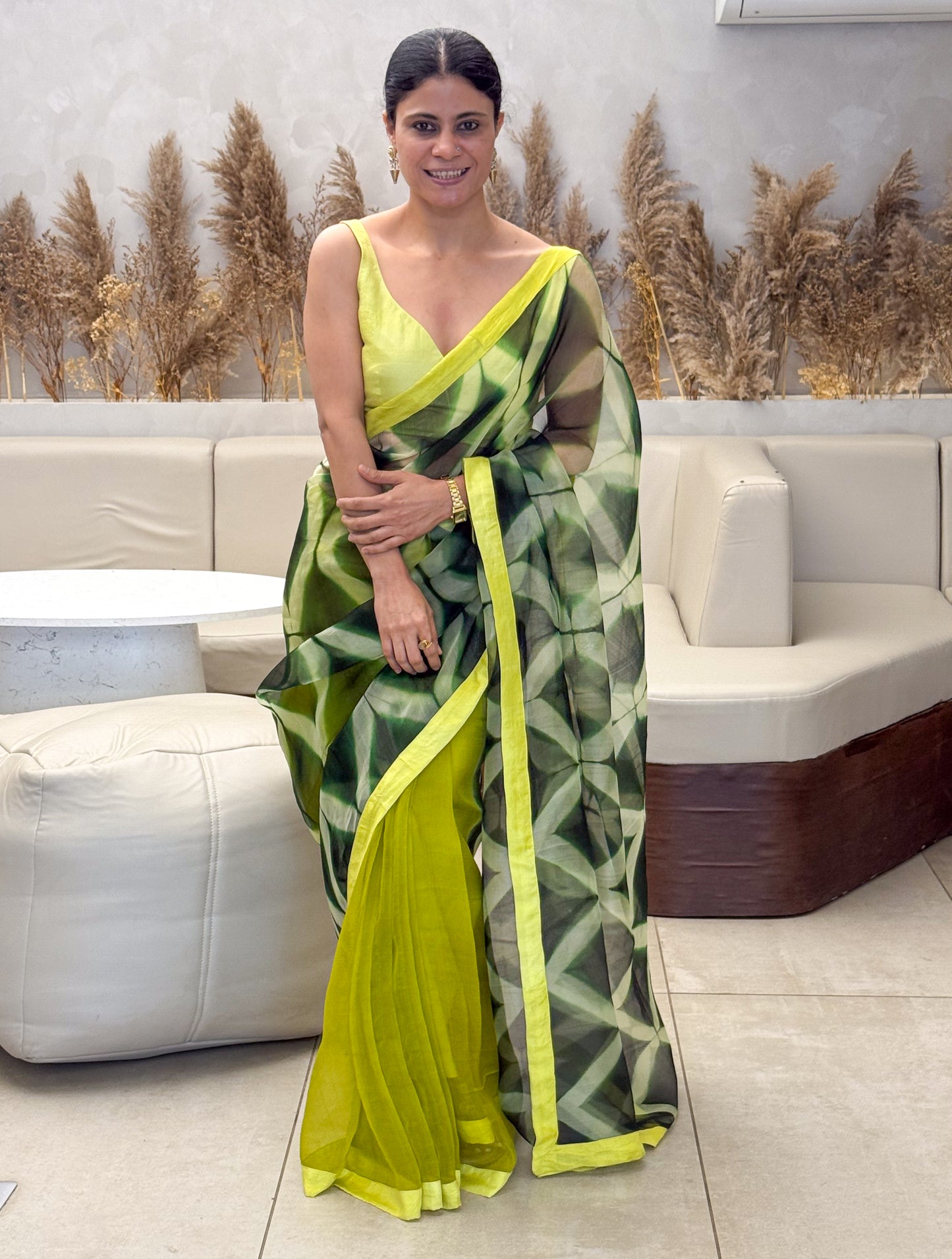 Handloom Organza Silk Saree in Handmade Itajime Shibori With Mulberry Silk Borders