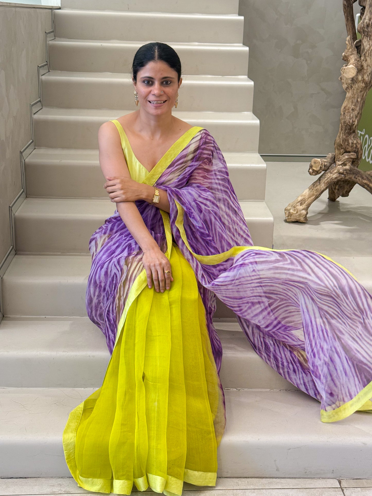 Handloom Organza Silk Saree in Handmade Arashi Shibori With Mulberry Silk Borders.