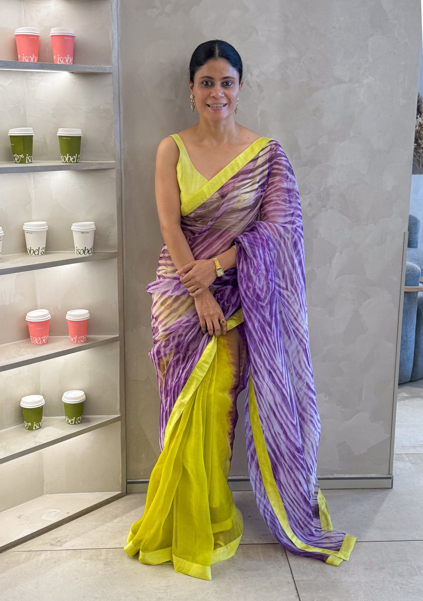 Handloom Organza Silk Saree in Handmade Arashi Shibori With Mulberry Silk Borders.