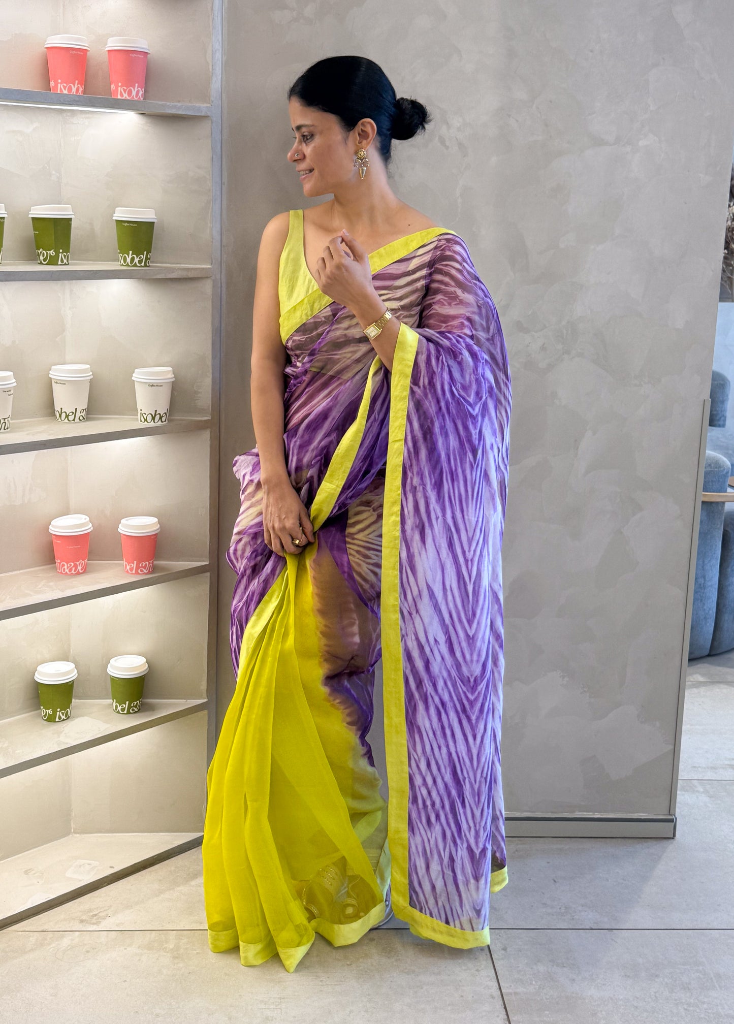 Handloom Organza Silk Saree in Handmade Arashi Shibori With Mulberry Silk Borders.