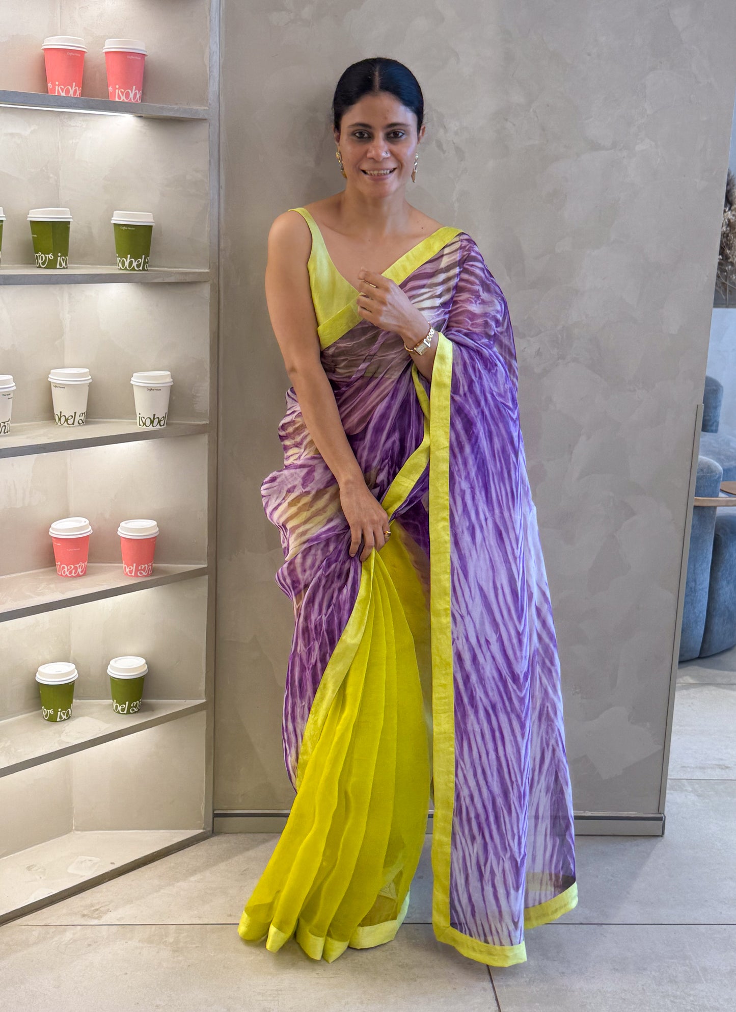 Handloom Organza Silk Saree in Handmade Arashi Shibori With Mulberry Silk Borders.