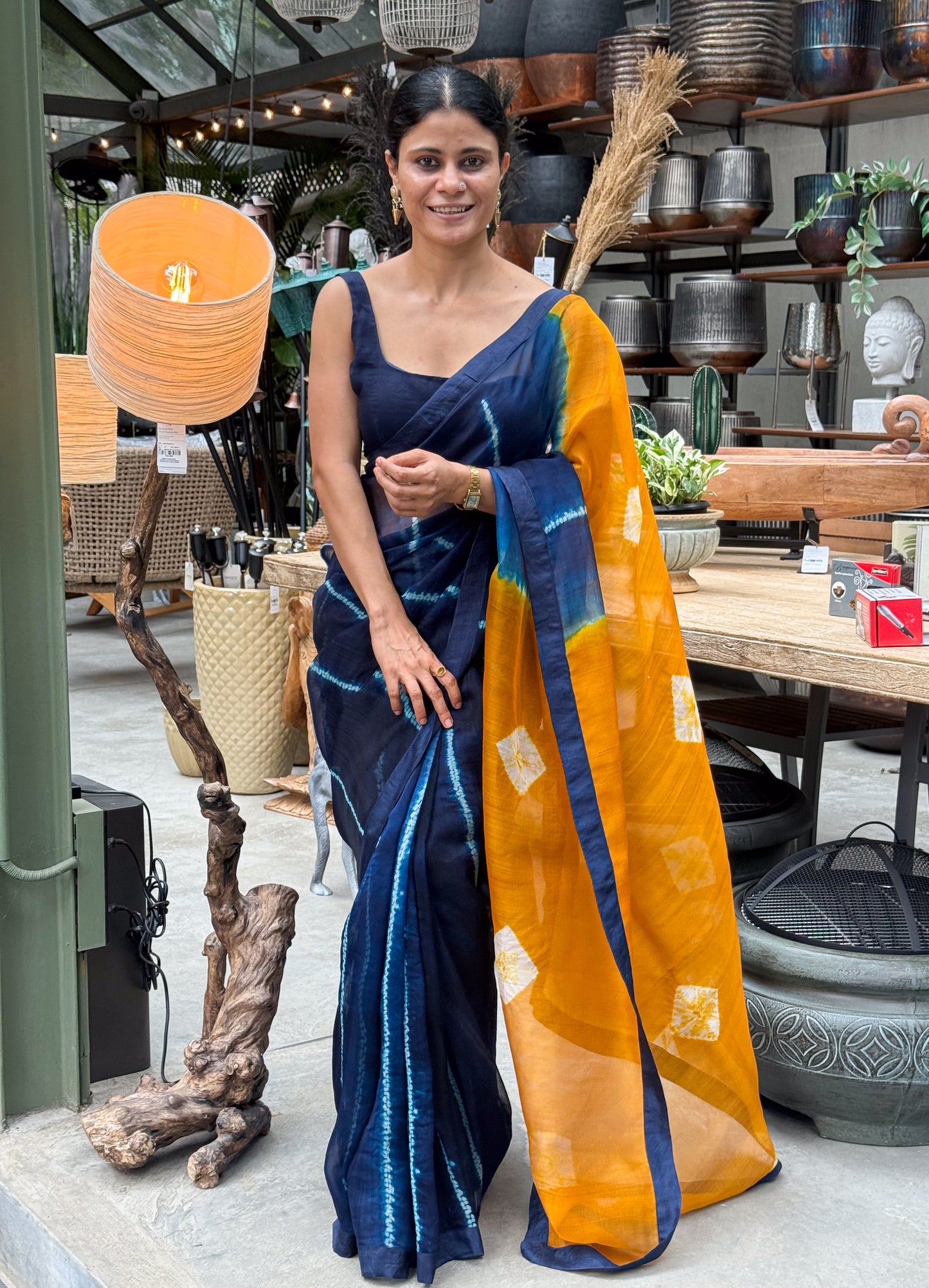Handloom Organza Silk Saree in Handmade Arashi Nui Shibori With Mulberry Silk Borders.