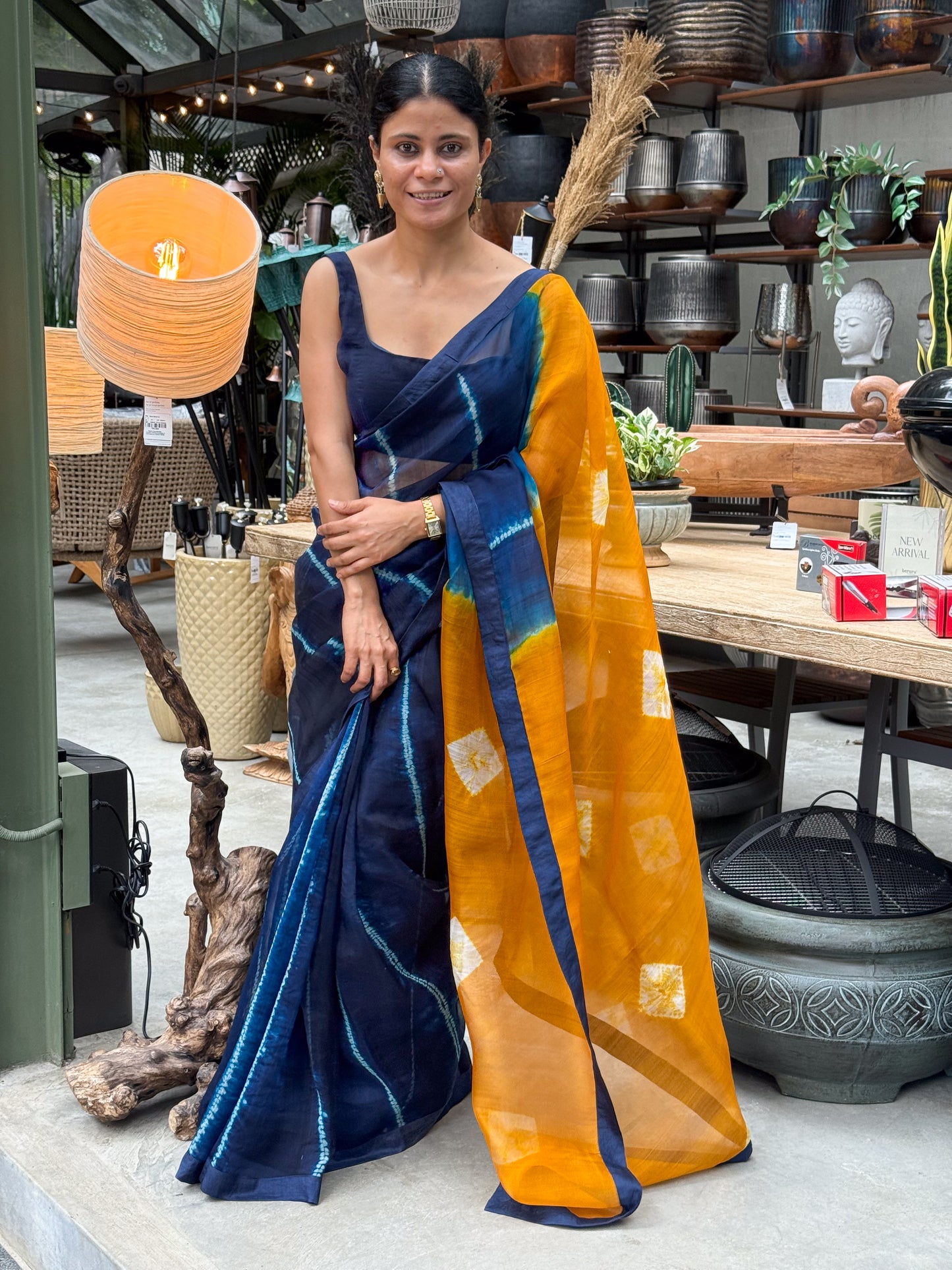 Handloom Organza Silk Saree in Handmade Arashi Nui Shibori With Mulberry Silk Borders.