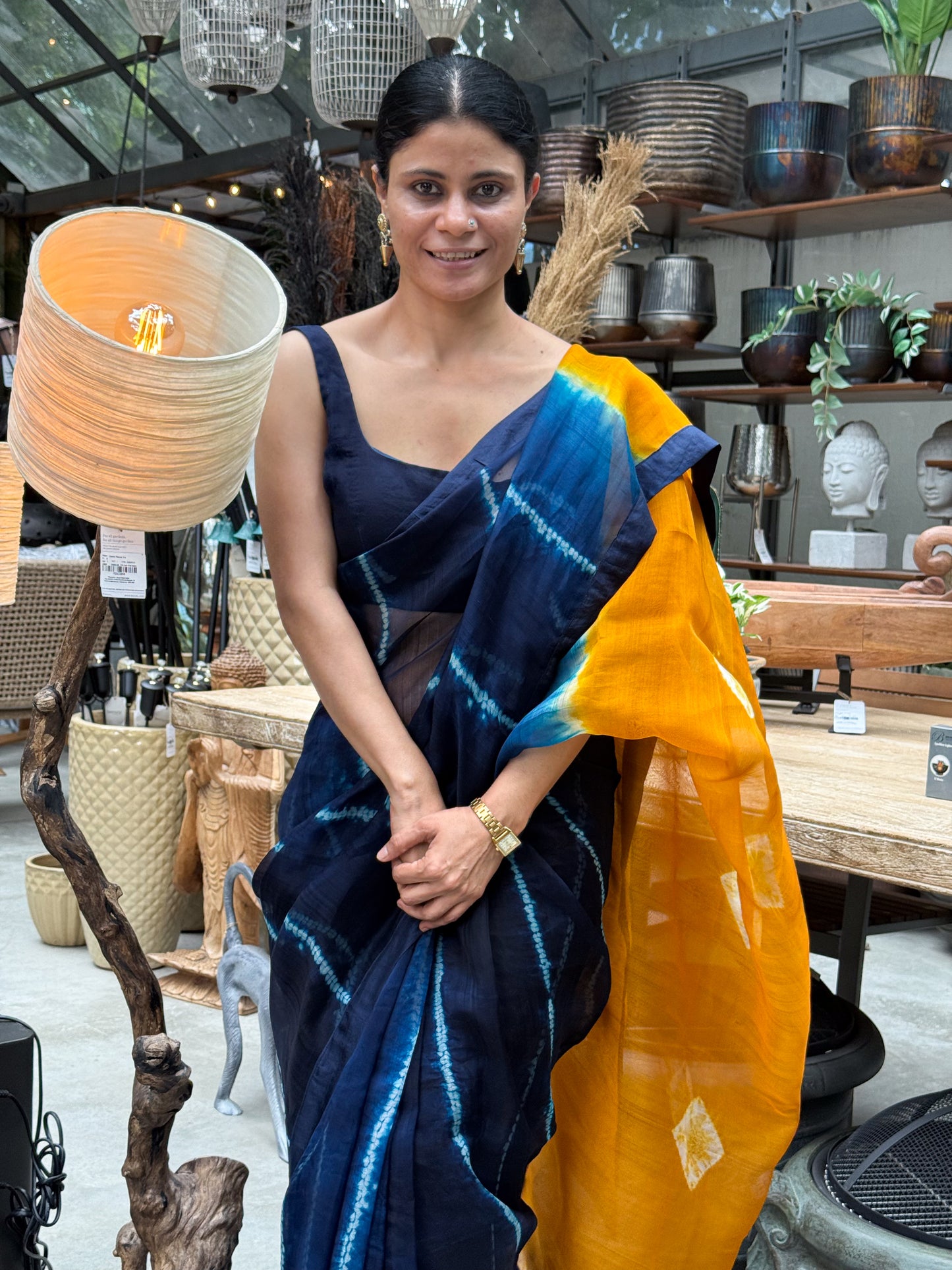Handloom Organza Silk Saree in Handmade Arashi Nui Shibori With Mulberry Silk Borders.