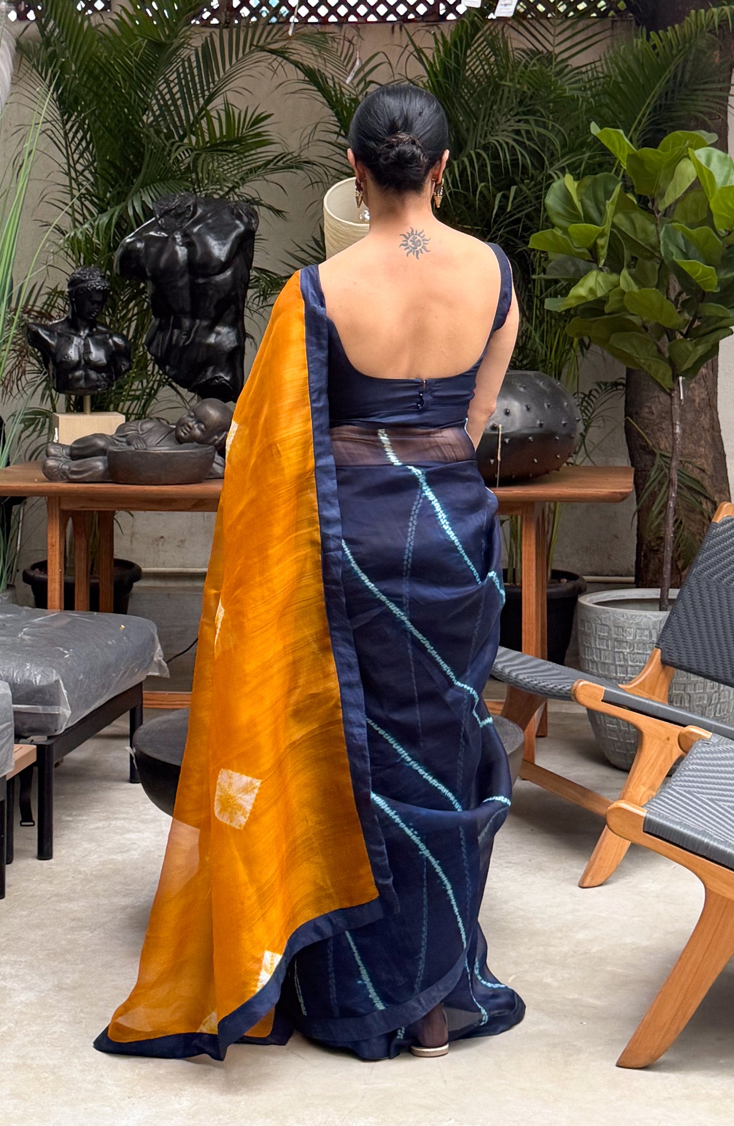 Handloom Organza Silk Saree in Handmade Arashi Nui Shibori With Mulberry Silk Borders.