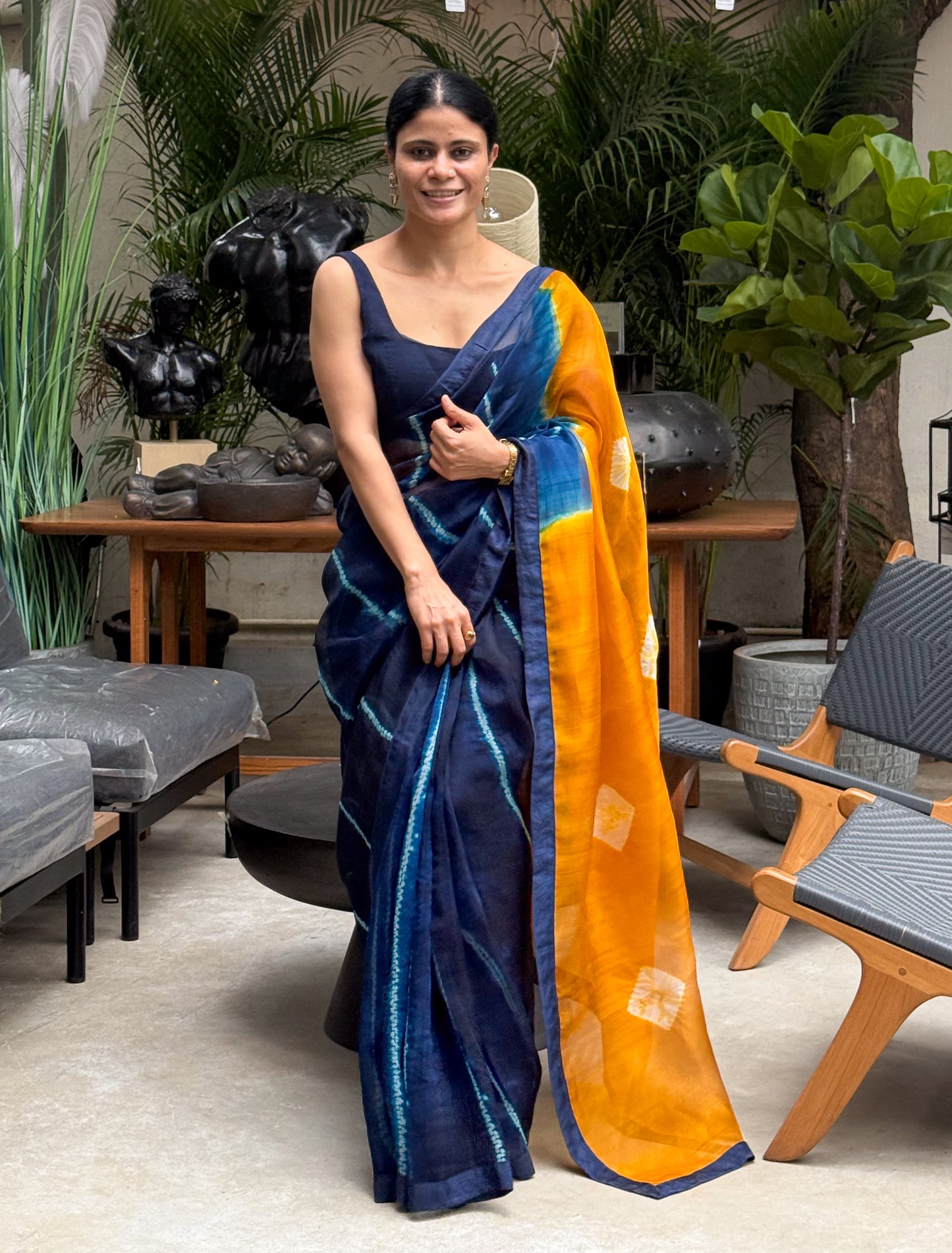 Handloom Organza Silk Saree in Handmade Arashi Nui Shibori With Mulberry Silk Borders.