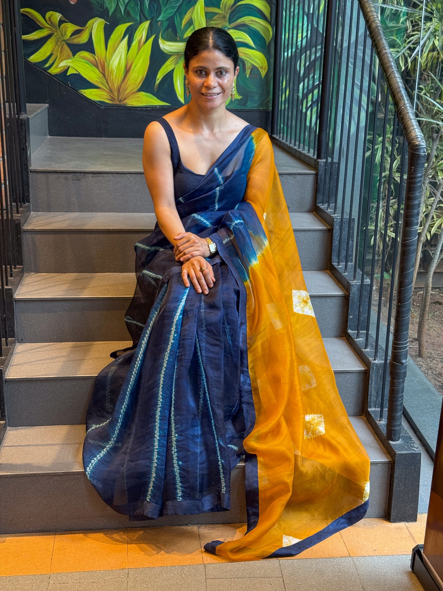 Handloom Organza Silk Saree in Handmade Arashi Nui Shibori With Mulberry Silk Borders.
