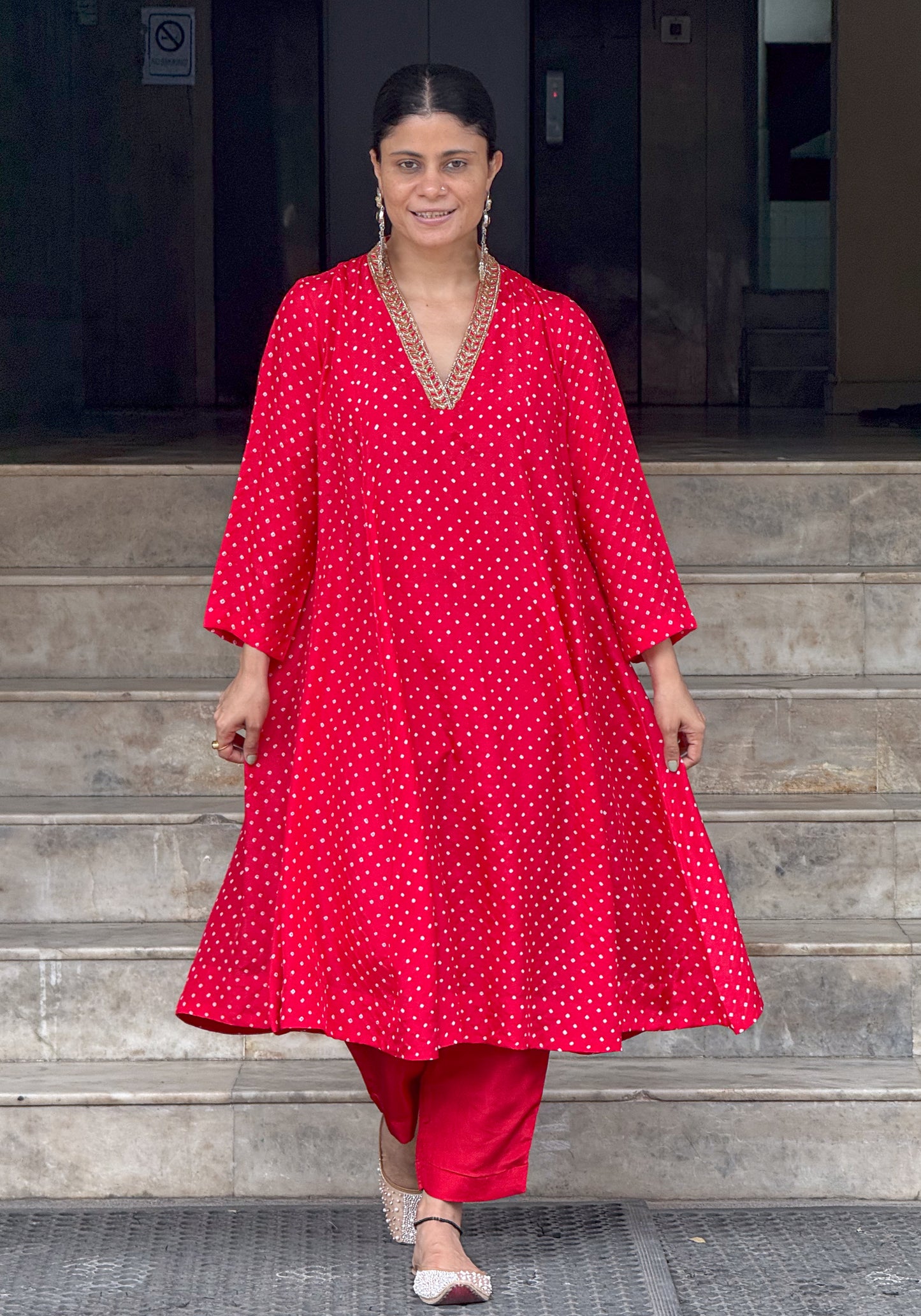 Handmade & Handembroidered Bandhini Silk Kurta set