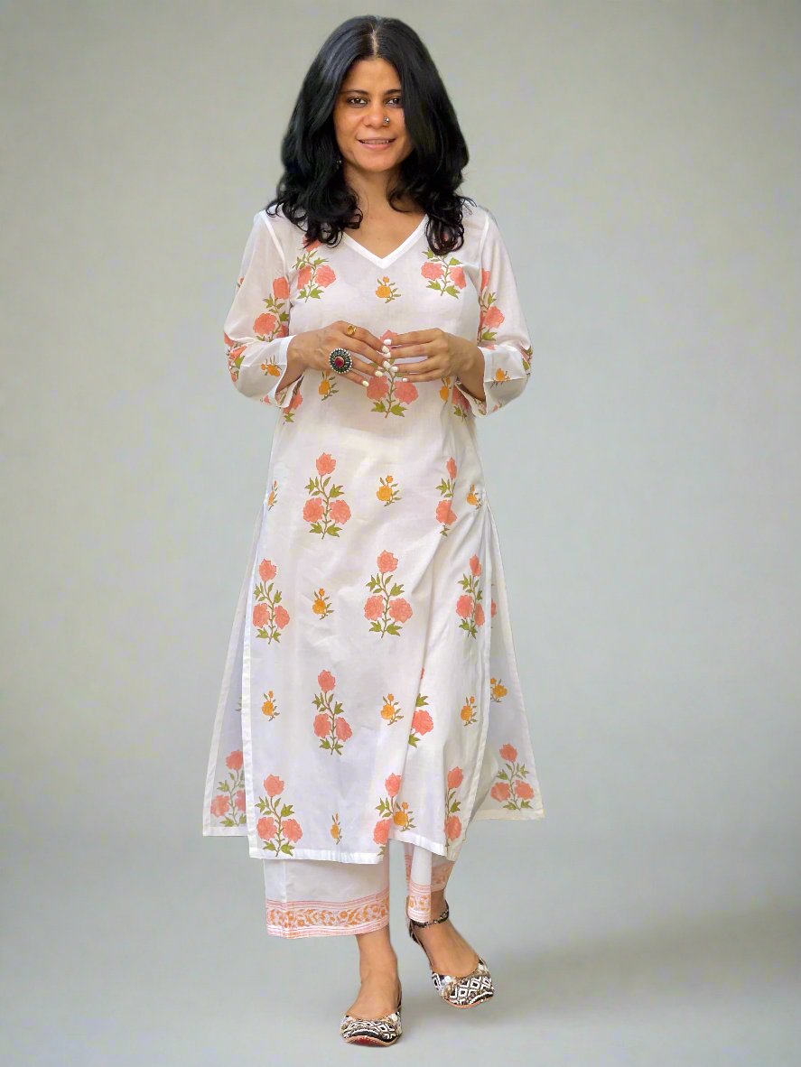 Handloom & handblock printed kurta and pant set.