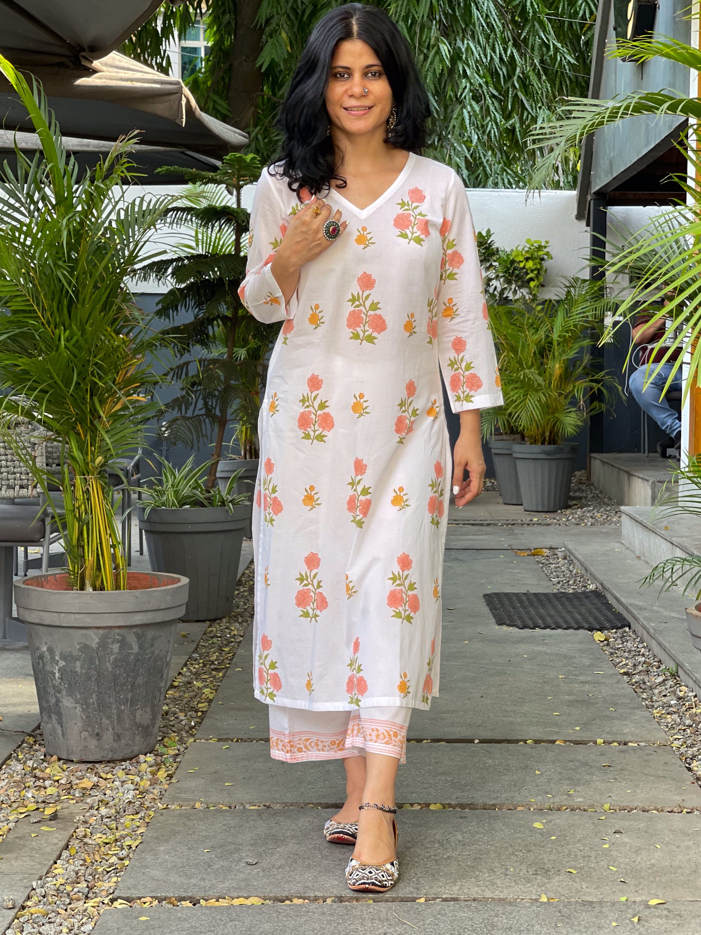Handloom & handblock printed kurta and pant set.
