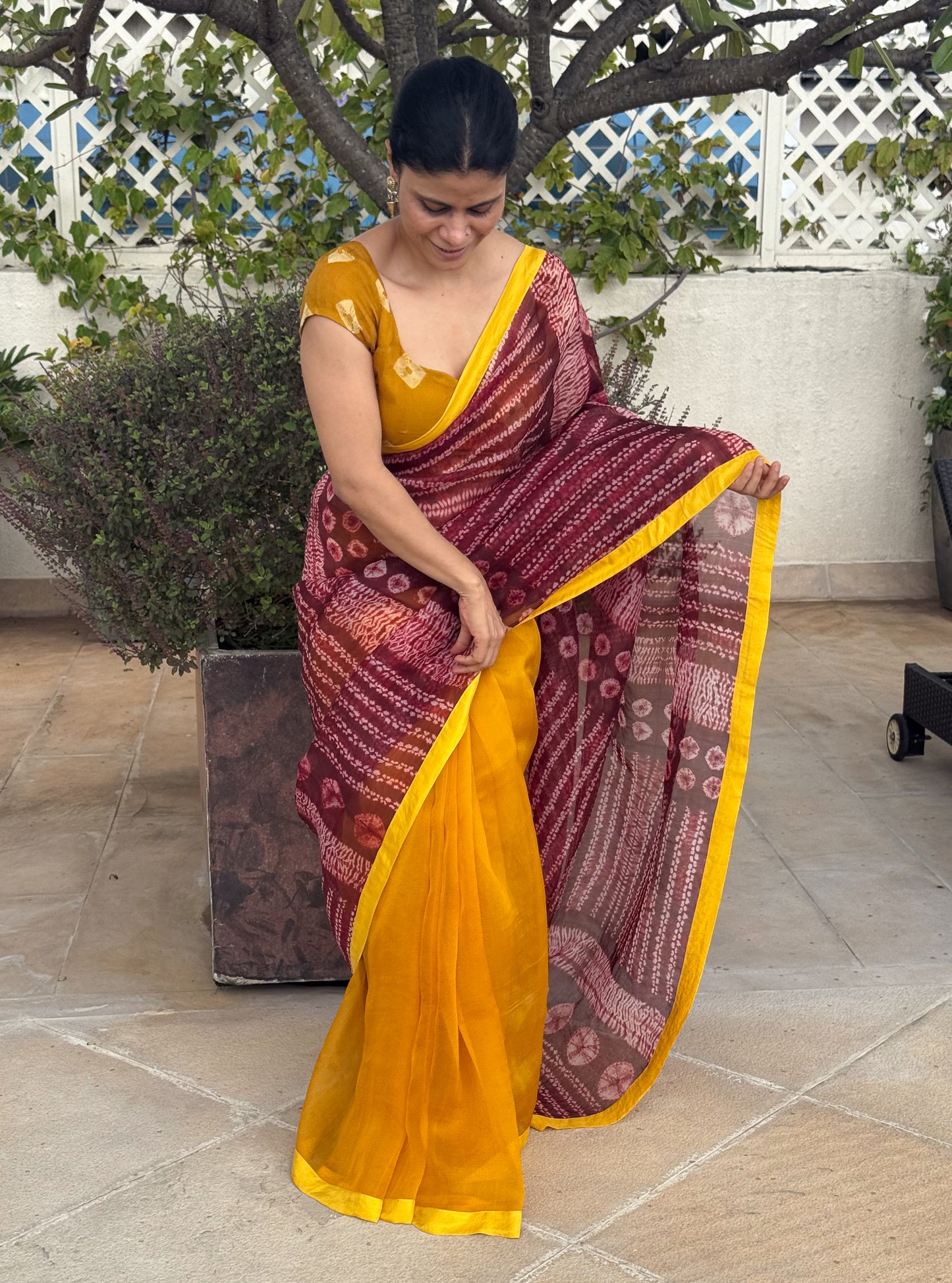 Handloom Organza Silk Saree in Handmade Ori Nui Shibori With Mulberry Silk Borders.