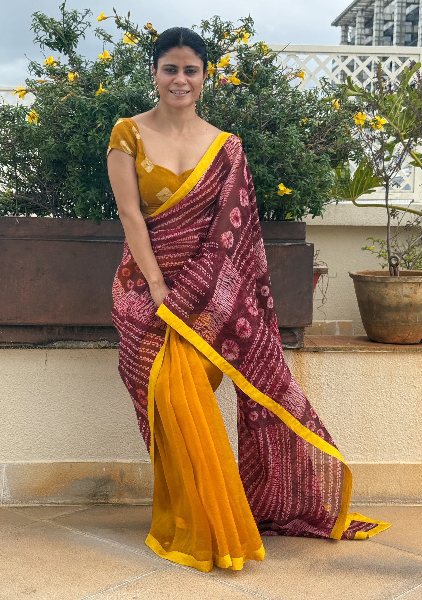 Handloom Organza Silk Saree in Handmade Ori Nui Shibori With Mulberry Silk Borders.