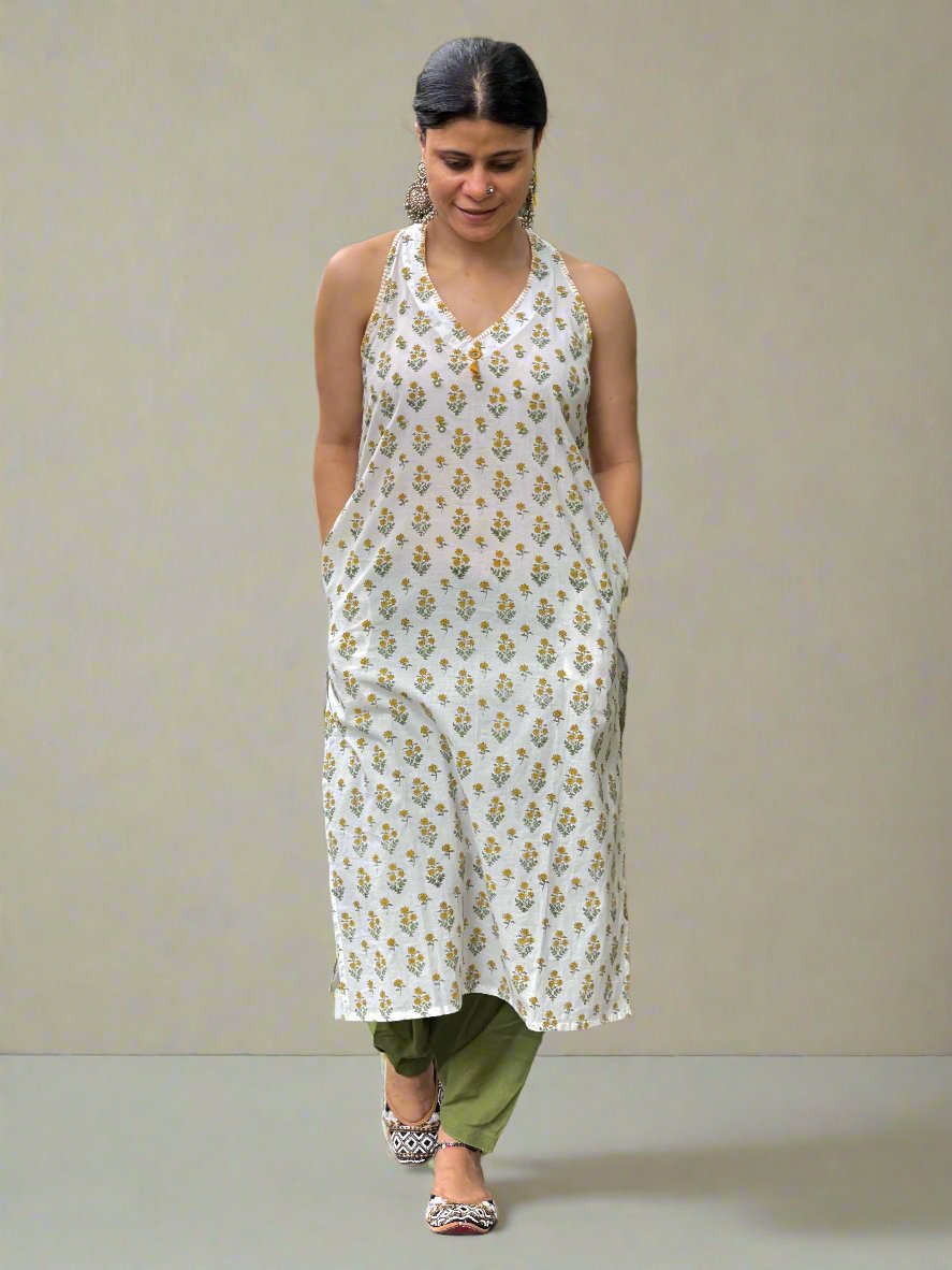 Handblock printed & Hand embroidered Kurta