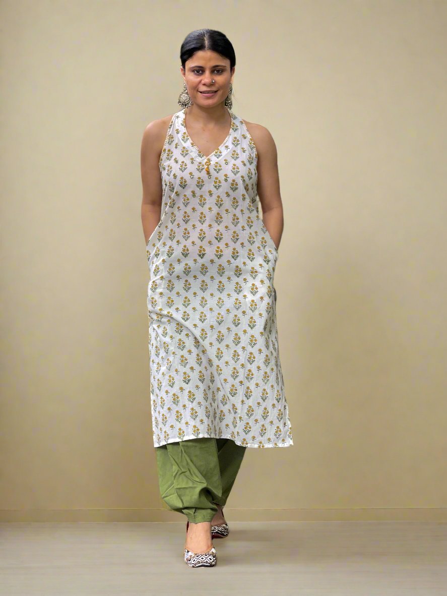 Handblock printed & Hand embroidered Kurta