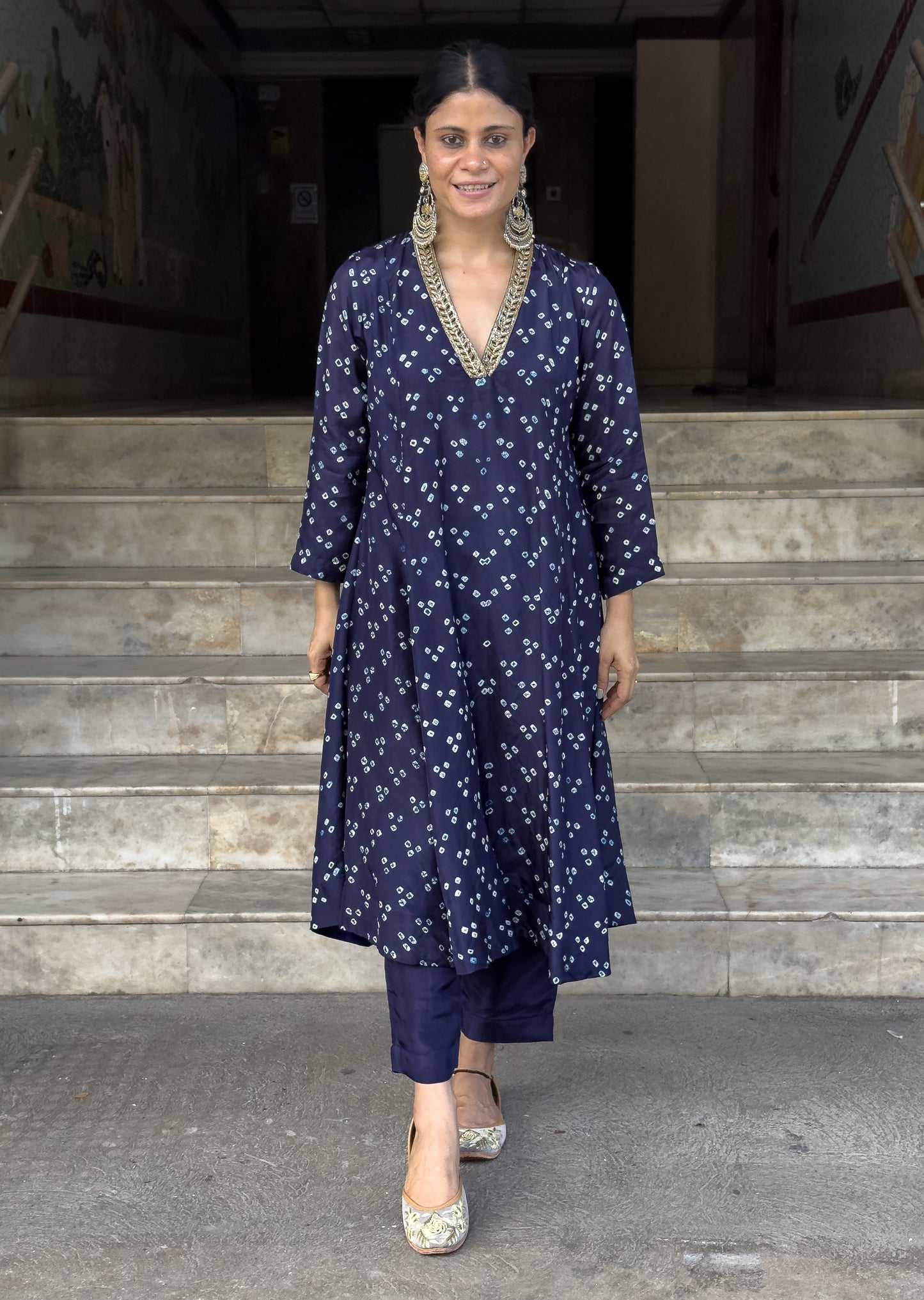 Handmade & Handembroidered Bandhini Silk Kurta set