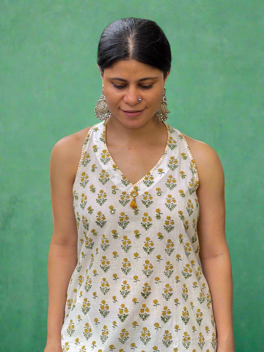 Handblock printed & Hand embroidered Kurta