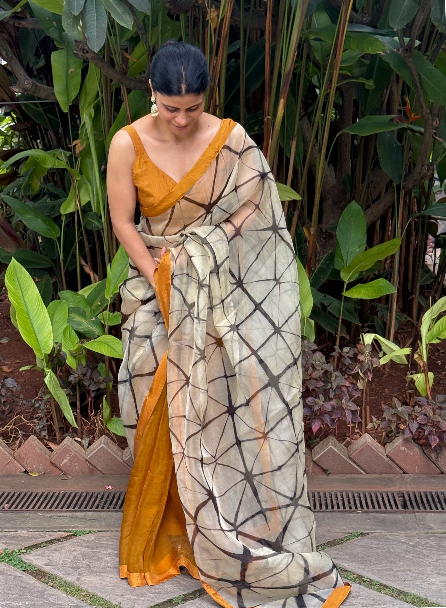 Handloom Organza Silk Saree in Handmade Itajime Shibori With Mulberry Silk Borders.